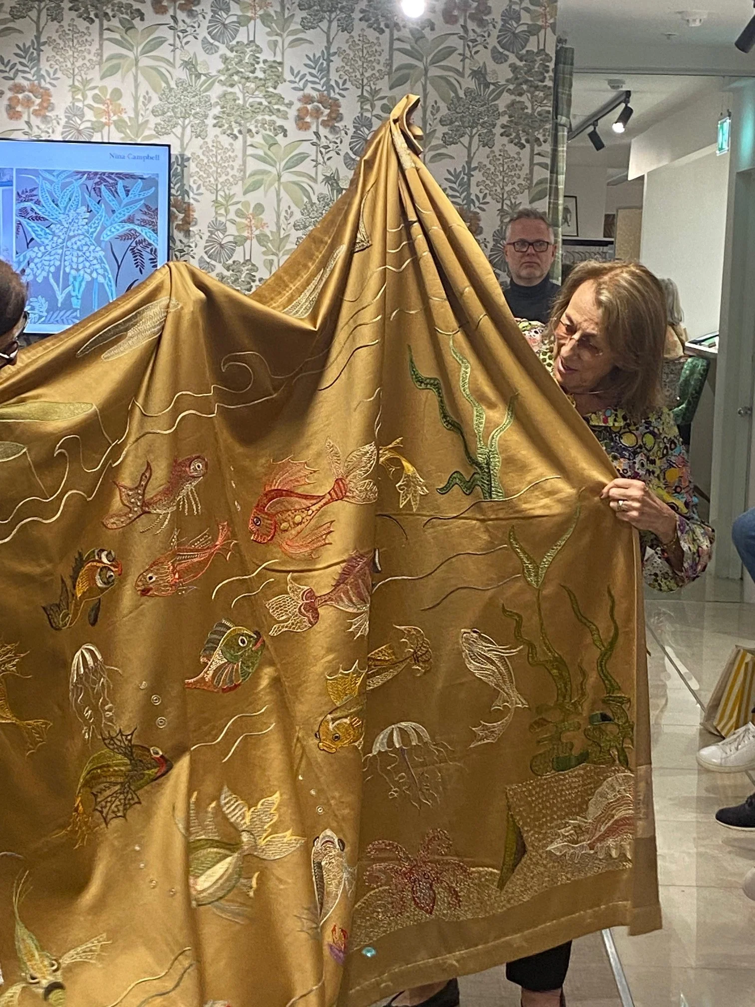Nina Campbell - gold fabric, with under the sea pattern