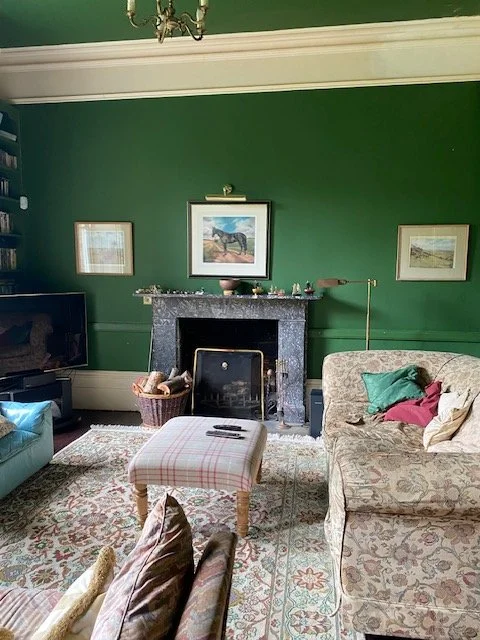 Informal sitting room, large green walls, high ceilings