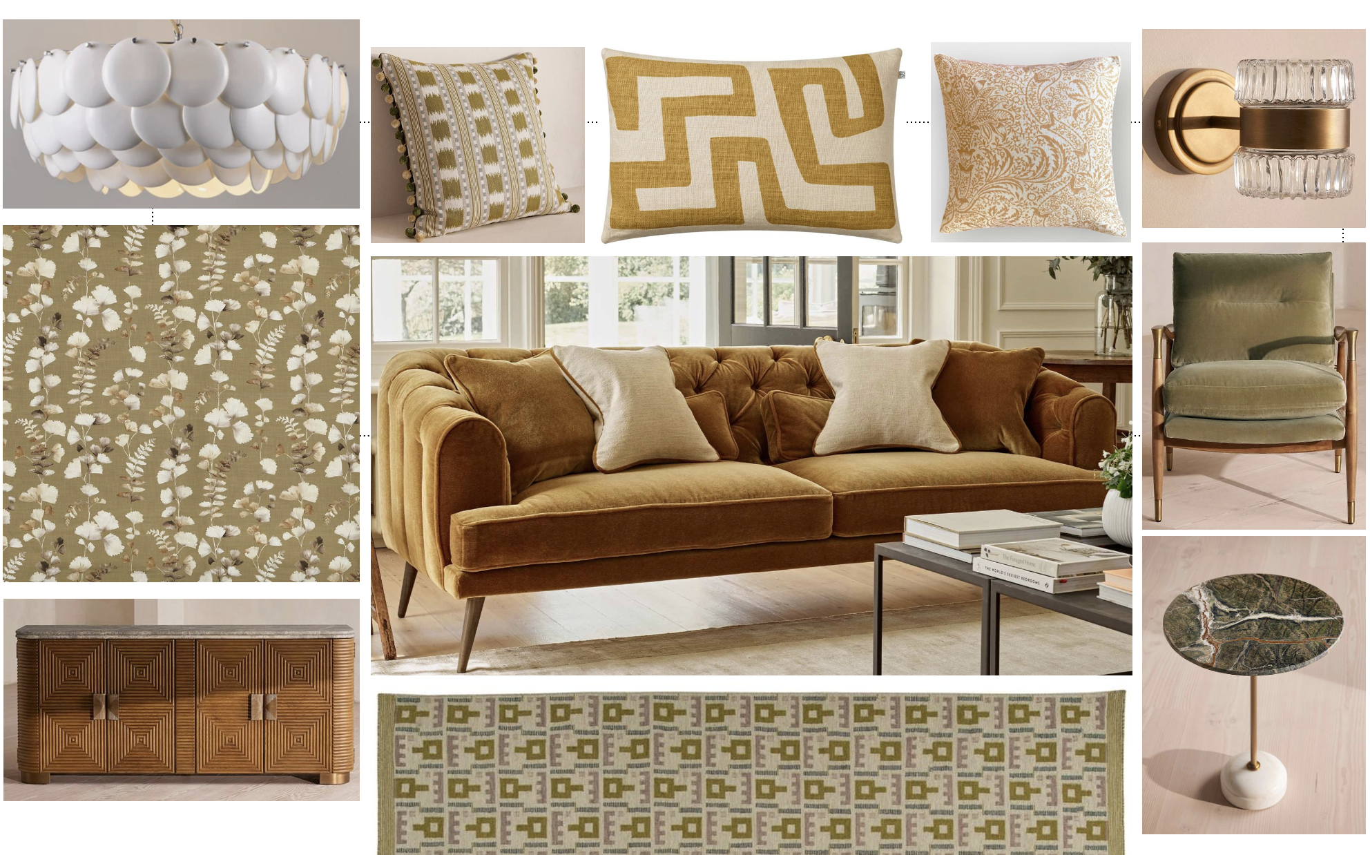 Mood board warm honey and olive tones for living room