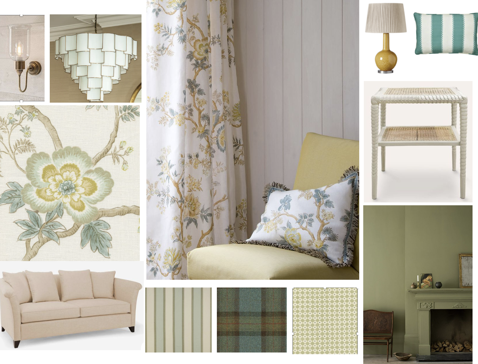 Mood board witg fresh olive green and yellow accents across sofas, wallpaper, curtains and fabrics