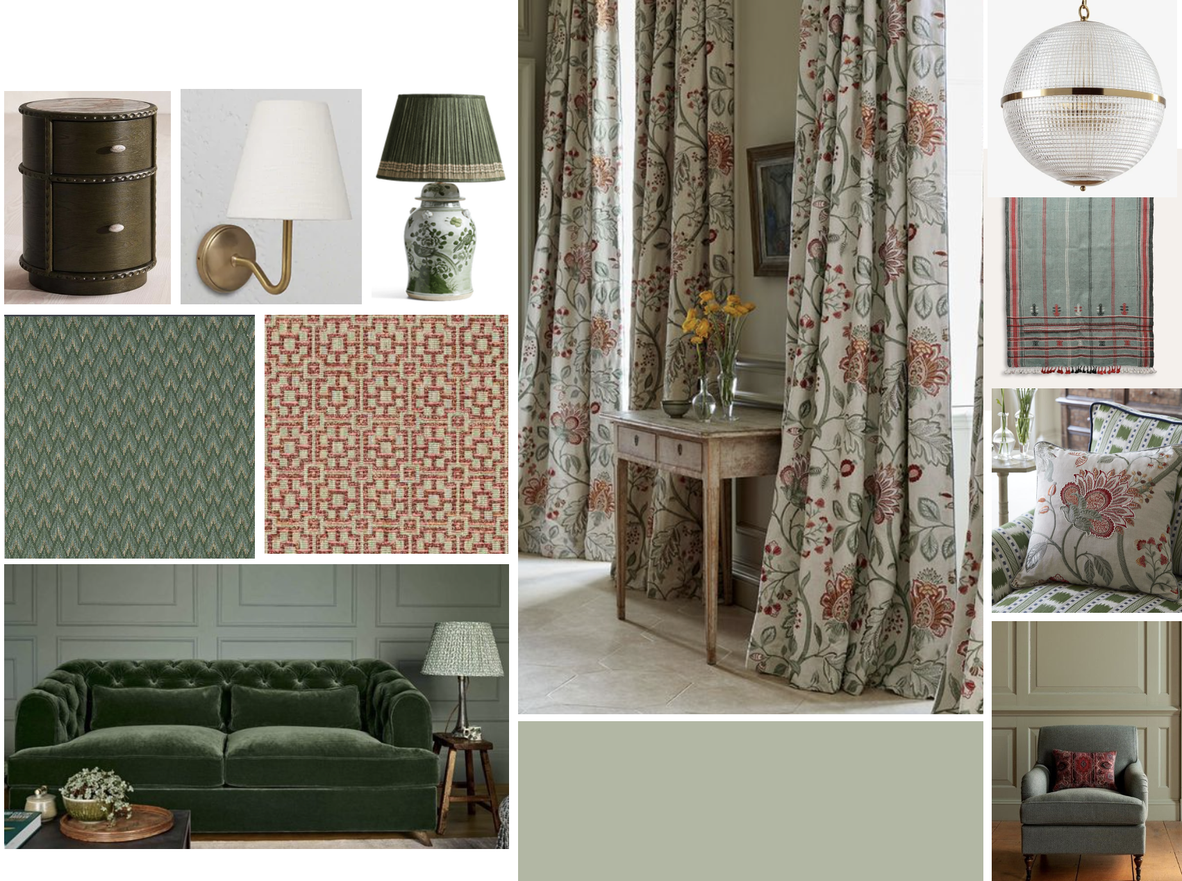 Soft sage mood board,  embroidered curtain fabric in green and pink, darker wood furniture.