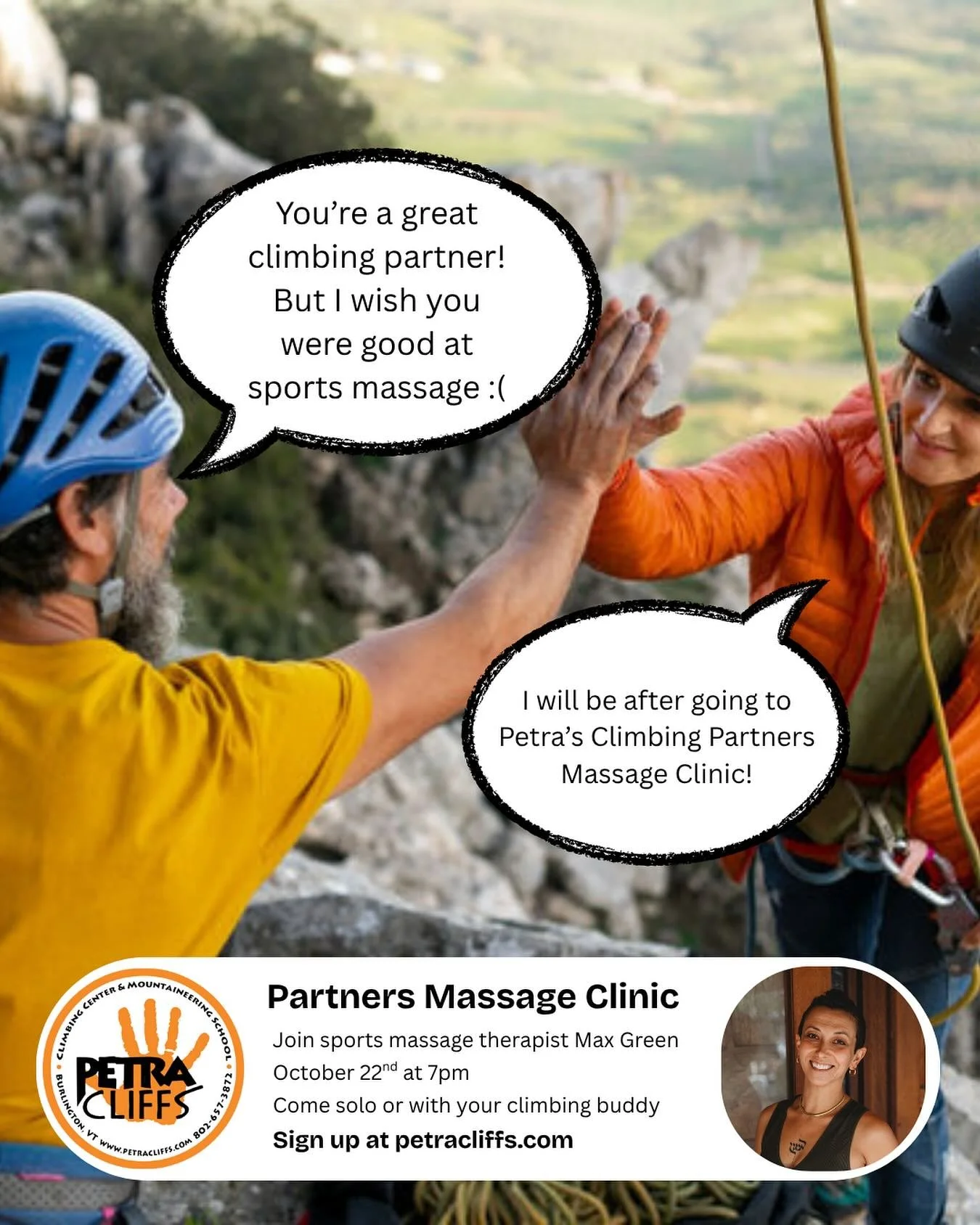 Has your climbing partner been asking you to hit that one knot in their shoulder they just can&rsquo;t reach? Too busy to squeeze in a massage during this amazing climbing weather? No problem! Massage Therapist Max Green is here to help with a worksh