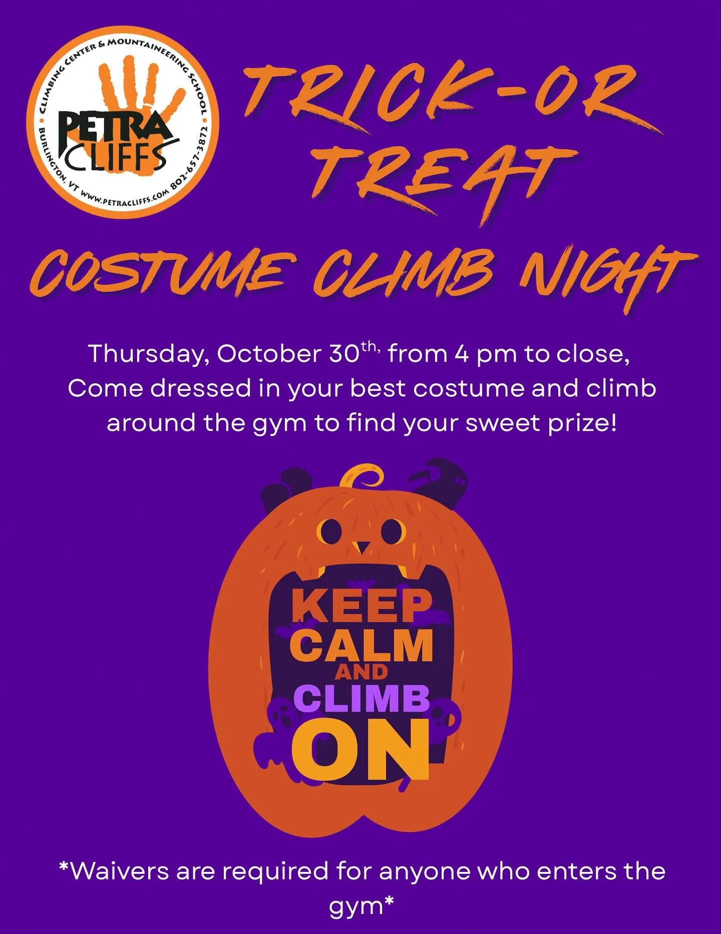 Climbing? Costumes?! CANDY?!? OH MY!!! 🍬🦹🏼🎃
.
Join us this Thursday for our annual Costume Trick or Treat Climb! Treats will be hidden around the gym for climbers (ghosts and monsters too) to retrieve! Free for members and included in the price o