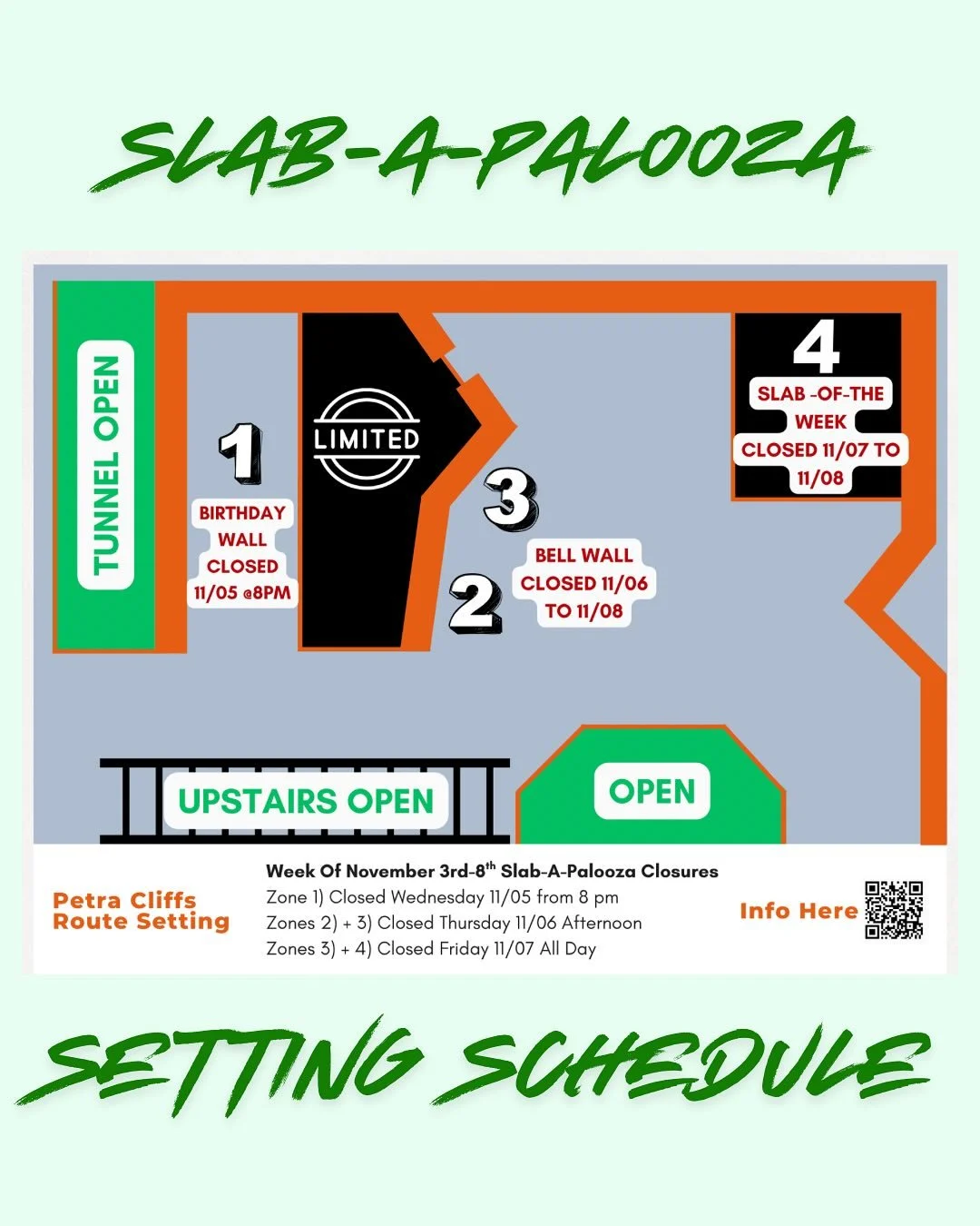 A heads up for this week and weekend leading up to @petracliffsroutesetting Slab-A-Palooza!! Climbing in certain areas of the gym will be limited to allow our routesetters to craft their stellar climbs. There will then be a bit more limited access on