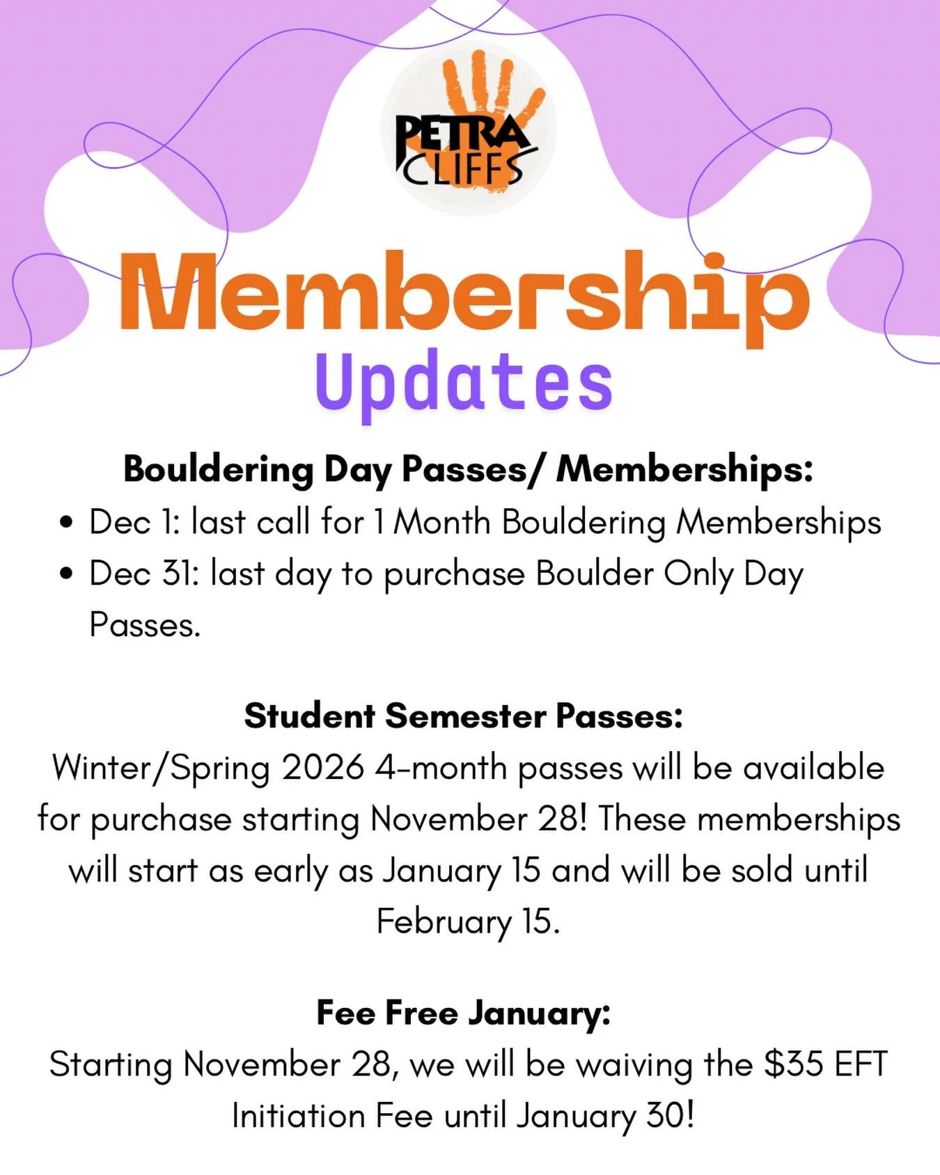 Oooh we have some sweet sweet offering available starting next week for memberships!! Our College Semester Passes and Fee Free January are starting early for Black Friday/ Small Business Saturday. These are great gifts to surprise your climbers for t