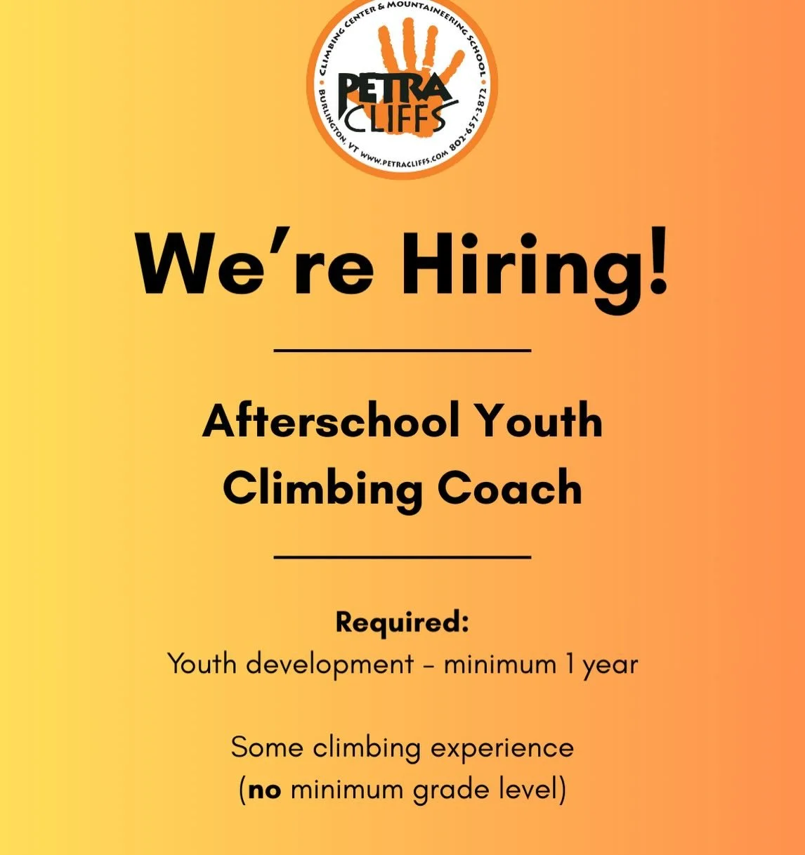 Hey, did you know we&rsquo;re hiring?

We are currently hiring for our afterschool climbing teams beginning in early January. Afterschool availability and experience working with school-age children are a must!

Send your resume along via the Job Inq