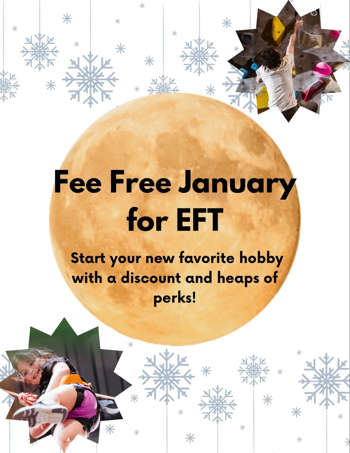 We&rsquo;re starting Fee Free January early! Right now you can sign up for any recurring EFT Membership with no additional fees - which means more cash to spend on some nice chalk or a shiny new harness for yourself (you also get 10% off those items 