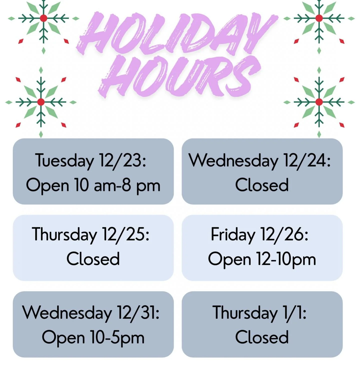 Friendly reminder about our hours for the next two weeks! Our online shop for gift cards, memberships, programs, and teams will be active. We hope you have a fun snow-filled holiday and can&rsquo;t wait to see you all in the New Year!
❤️ Petra Cliffs