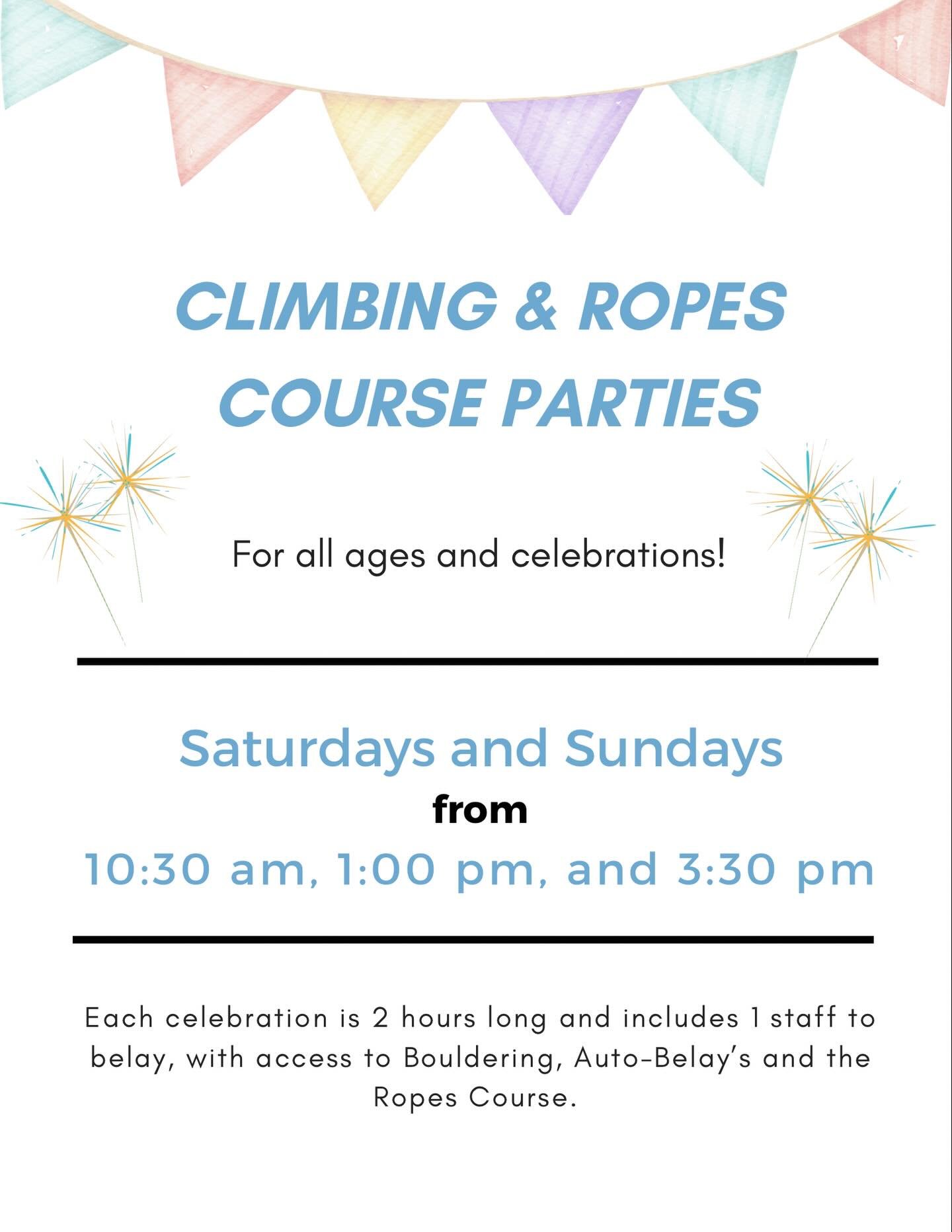 We have two last minute openings this Saturday for the 1-3 and 3:30-5:30 Ropes Course Party slots!! So if you&rsquo;re lookin for a reason to get out of the house but avoid the bitter cold, give the gym a call and we&rsquo;ll get you moving and warme
