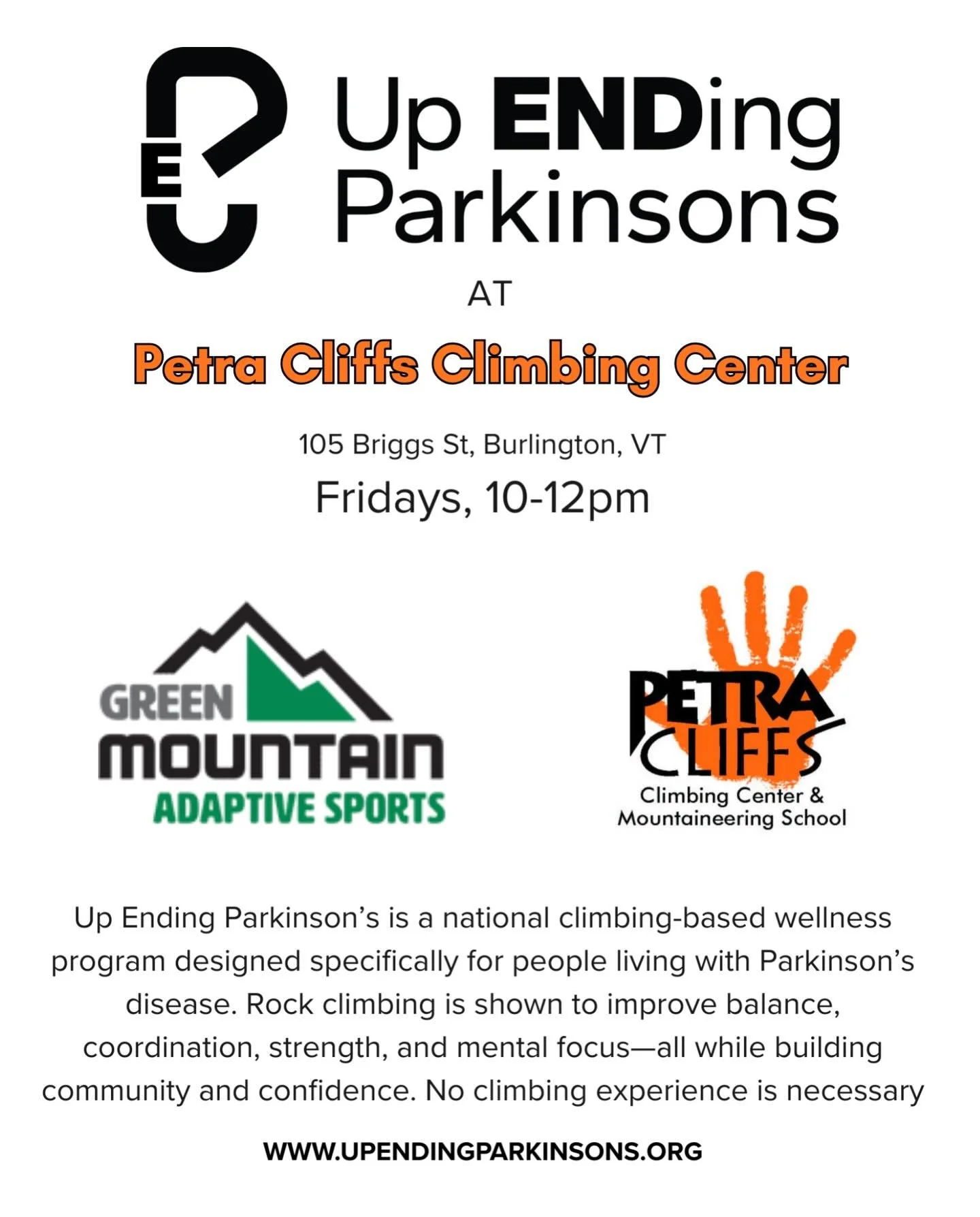 SEEKING VOLUNTEERS! This Friday from 10-12pm we will kick off our weekly Parkinson&rsquo;s meetup with a volunteer training on belaying and basic support. But we also need your support too! We are looking for folks with at least some climbing experie