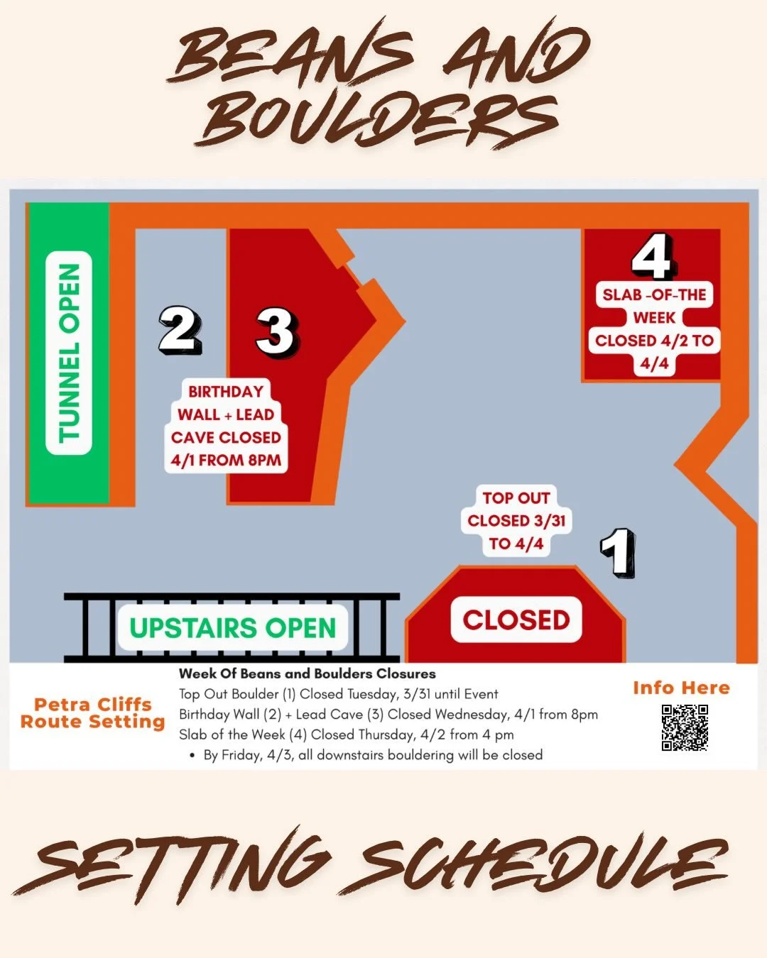 HEADS UP CLIMBERS: slide one are the current closures for BnB setting and slide two is closures for the event tomorrow! 

The Upstairs Boulder Cave and Tunnel will be open as well as some limited top rope and auto belay climb. However do keep in mind