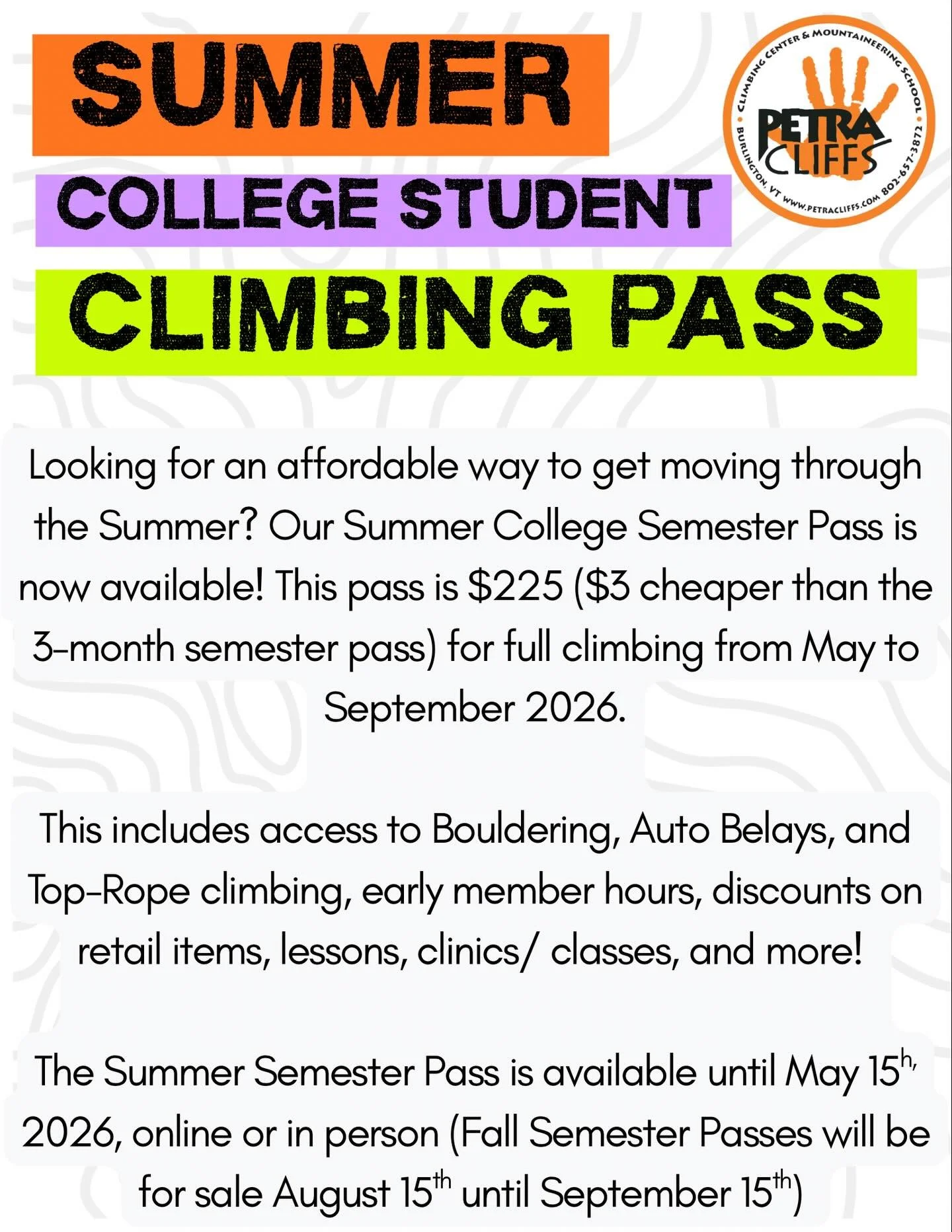 COLLEGE STUDENTS: Are you sticking around for the summer and hoping to stay on top of our climbing training? Having you been hoping to hone your lead climbing skills but haven&rsquo;t had a chance this semester? Looking for an affordable gym membersh