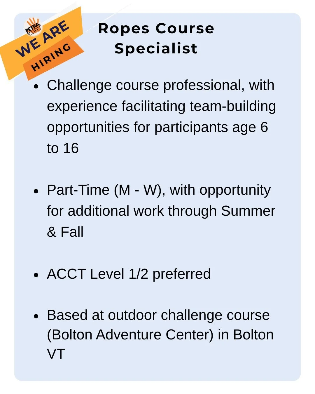 @petracliffs is looking to round out our youth programming team moving into the summer!

We&rsquo;re looking for a Ropes Course Specialist for SumMAT Camp AND multiple coaches for our super popular Development Team. Know someone who might be a good f