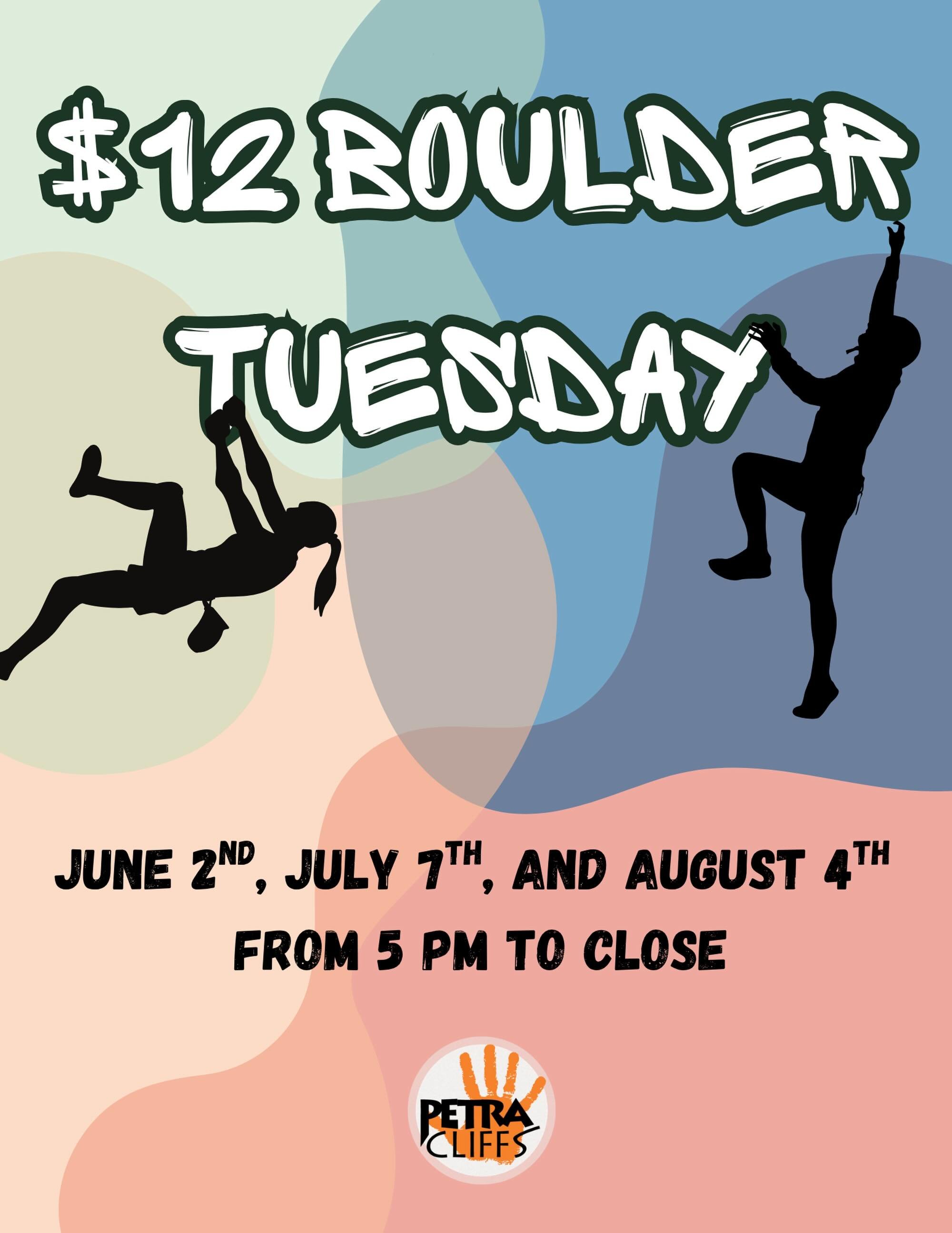 Discount Boulder Tuesdays are back for the summer!! The first Tuesday of every month we&rsquo;re offering a $12 Boulder only pass from 5-10pm! Come hang out and swing on the masterpieces from @petracliffsroutesetting so our outdoor sends are that muc