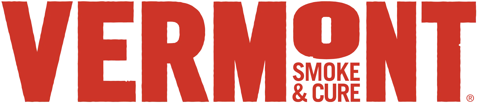 Text in bold red letters saying "VERMONT" with smaller black and red text underneath that says "SMOKE & CURE".