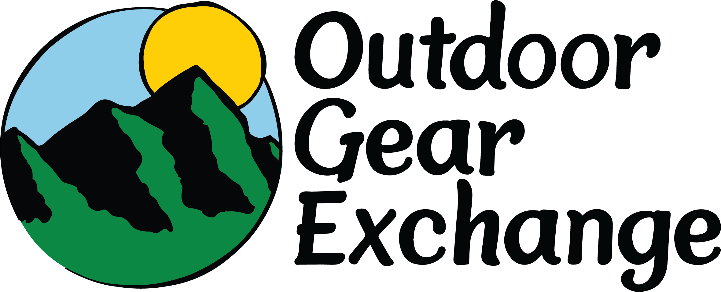 Logo for Outdoor Gear Exchange featuring a stylized mountain with a green lower section, black upper mountain silhouette, a yellow sun behind the mountain, and light blue sky background; text next to the graphic reading 'Outdoor Gear Exchange'.