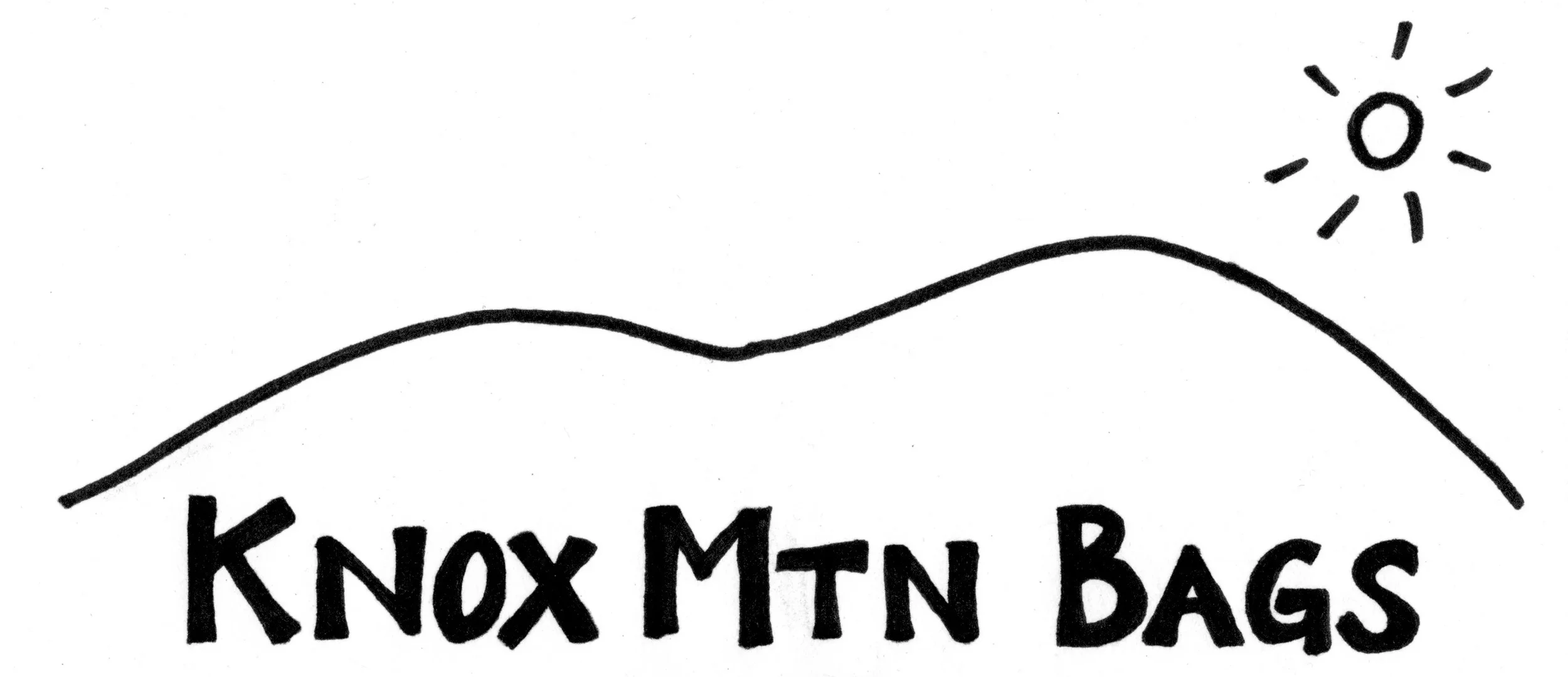 A black and white hand-drawn logo with a mountain outline, a sun, and the text 'Knox Mtn Bags'.
