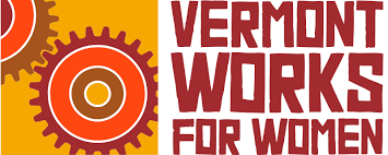 Vermont Works for Women logo featuring gears and bold red text