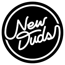A black circular logo with white text that says 'New Duds' in a handwritten style.