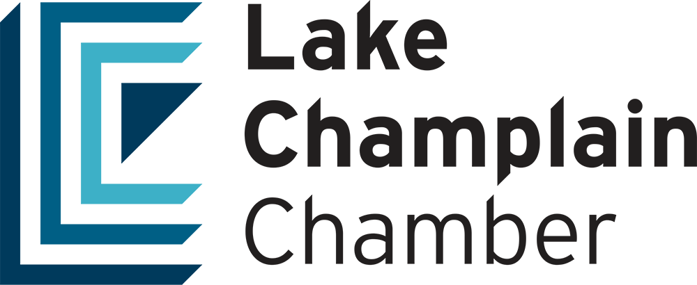 Lake Champlain Chamber logo with stylized geometric design and text.