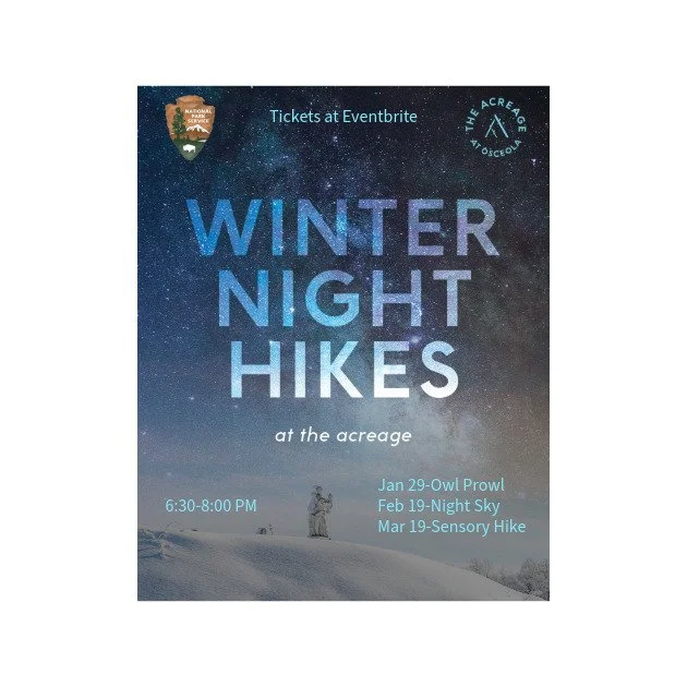 Night Hikes at The Acreage with the National Park Service is back for 2026!

Led by naturalists from the National Park Service, each night features a guided theme to connect us to the natural world.

January 29-Owl Prowl-Ranger Dan will call in the o