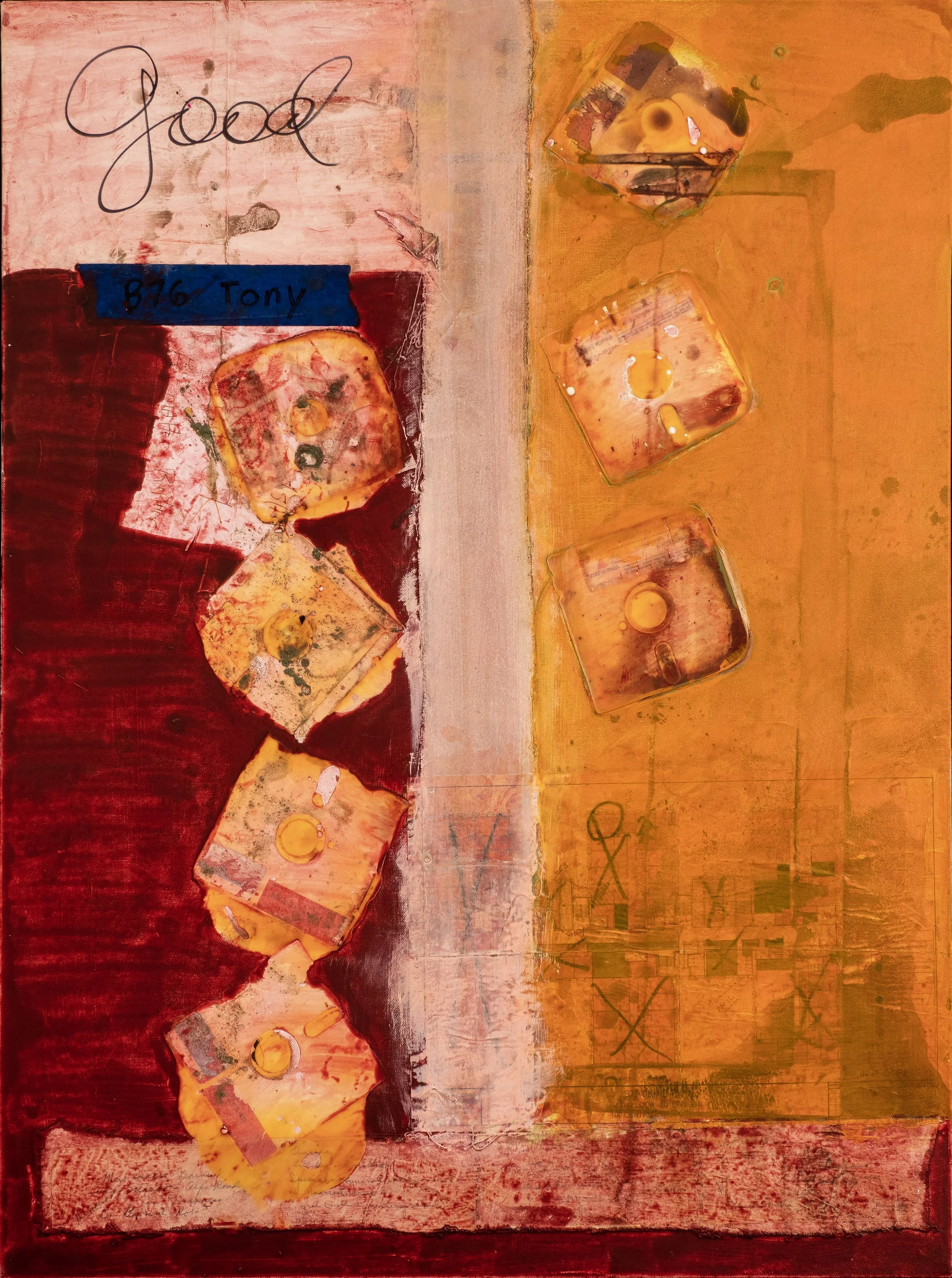 An abstract artwork featuring a divided background with warm hues of red, yellow, and orange. There are several irregularly shaped, semi-transparent rectangles with visible textures and scribbles inside. The top left corner has handwritten text, and 