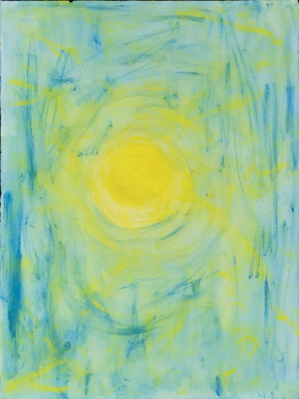 Abstract painting with a yellow center and soft blue and green surrounding colors.