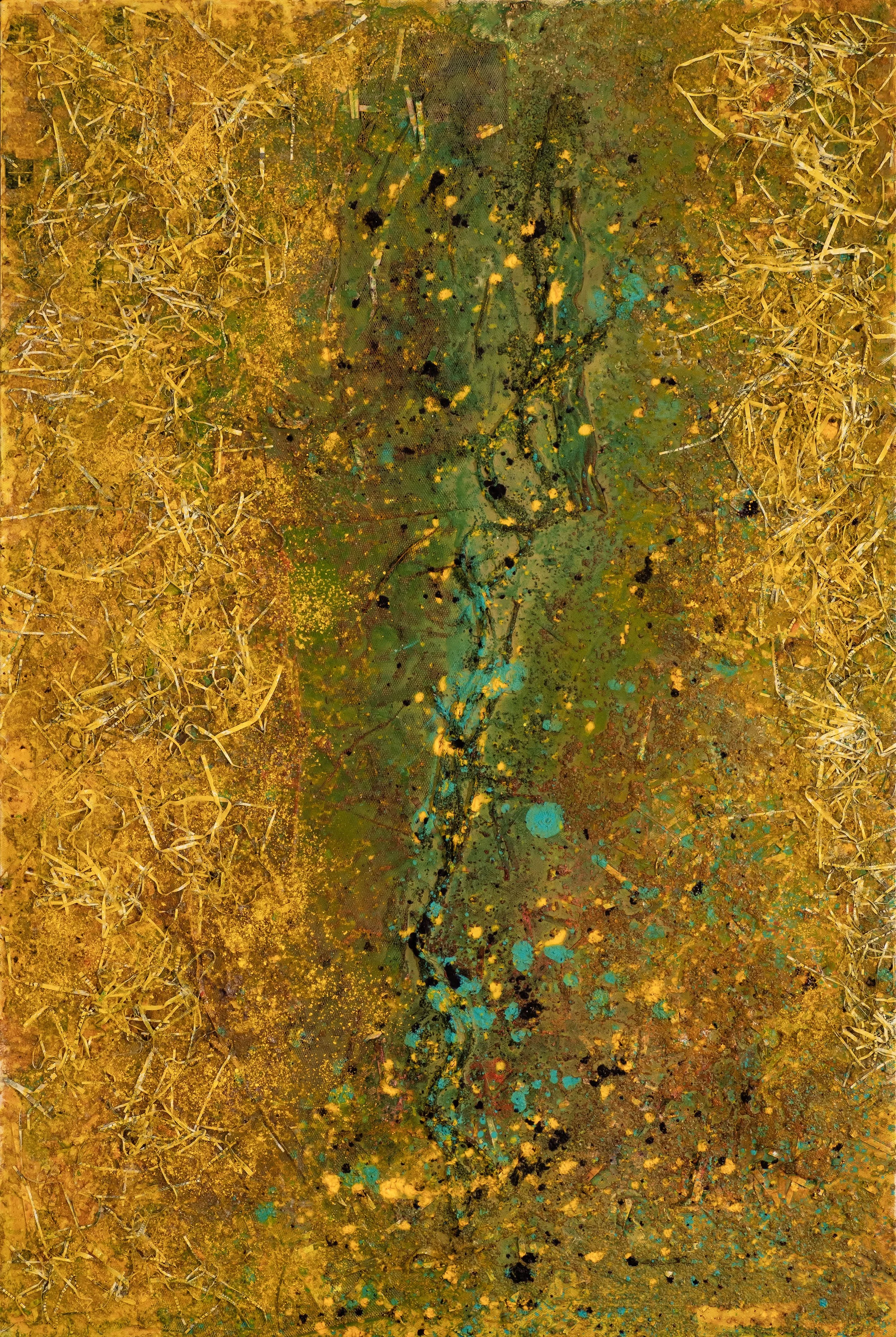 Abstract painting with yellow, green, blue, and black splashes and textures.