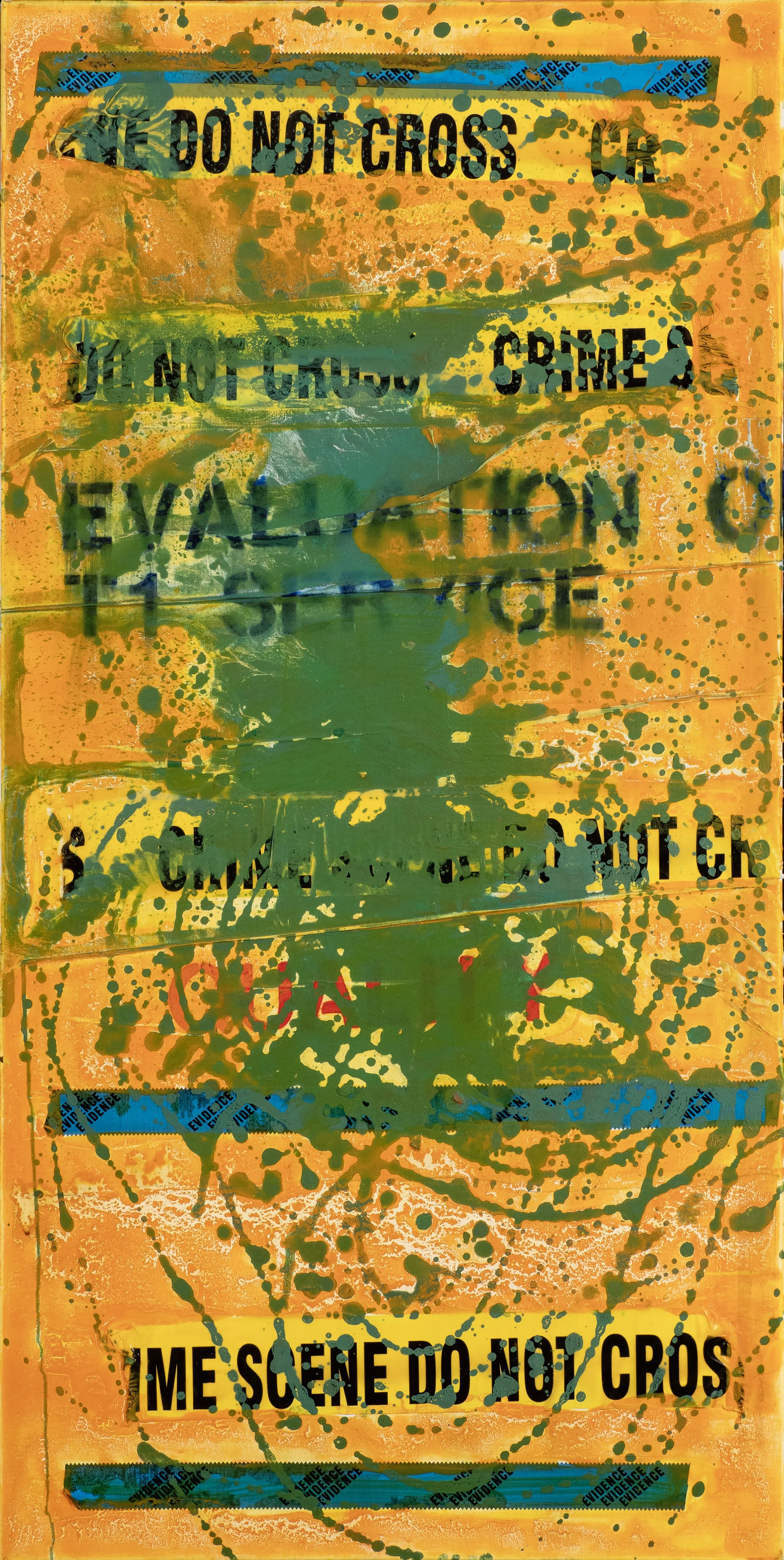 A graffiti-style wall with yellow, green, and orange colors, featuring torn or painted text that says 'DO NOT CROSS' and 'I'M SURE DO NOT CROSS' with overlapping blue tape that says 'EVIDENCE' repeatedly.