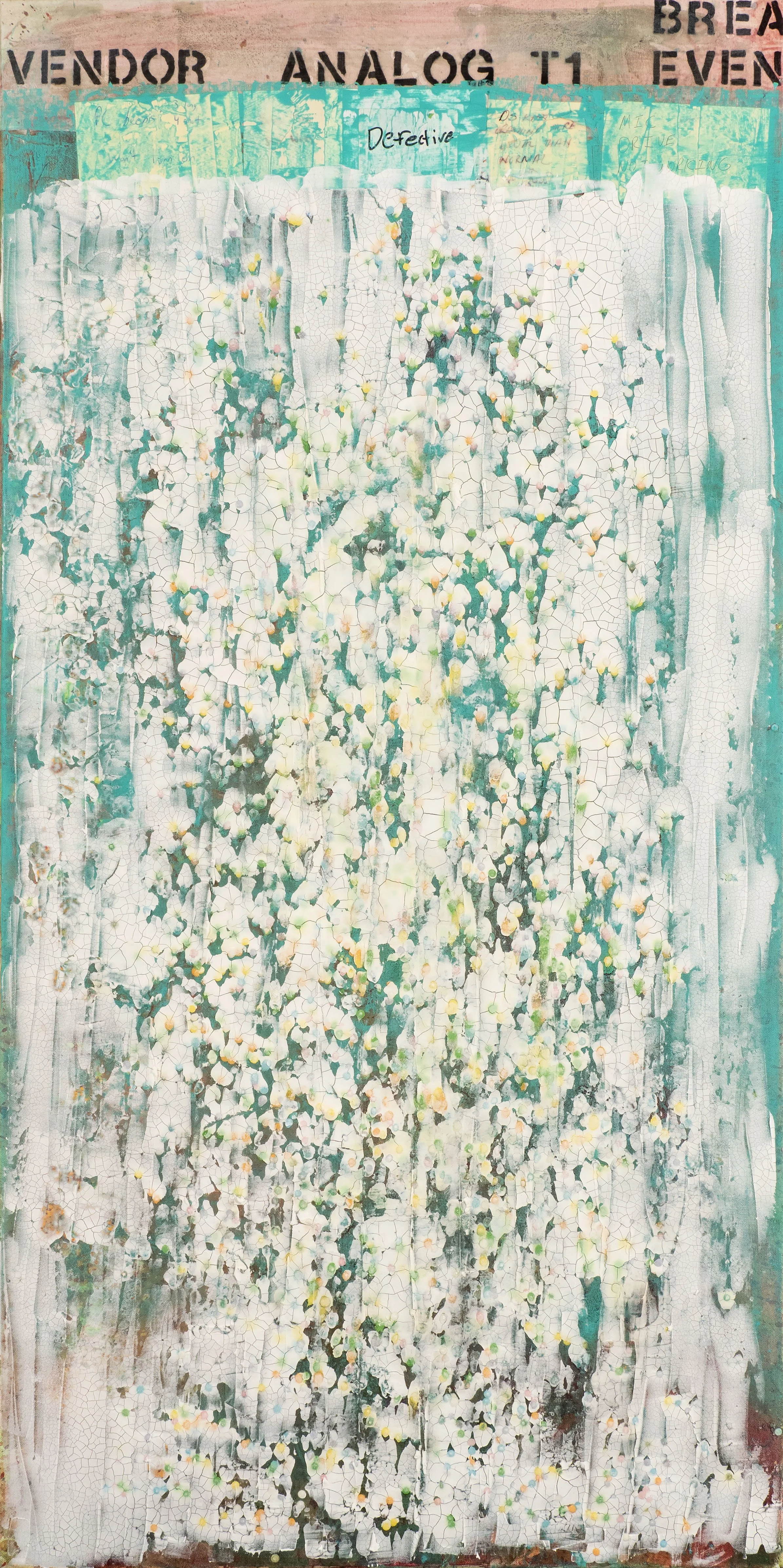 A large, abstract mixed media artwork with a textured, cracked surface and colorful spots of paint. The top contains text that reads 'VENDOR ANALOG T1 EVEN' and a small handwritten label that says 'Detective.'