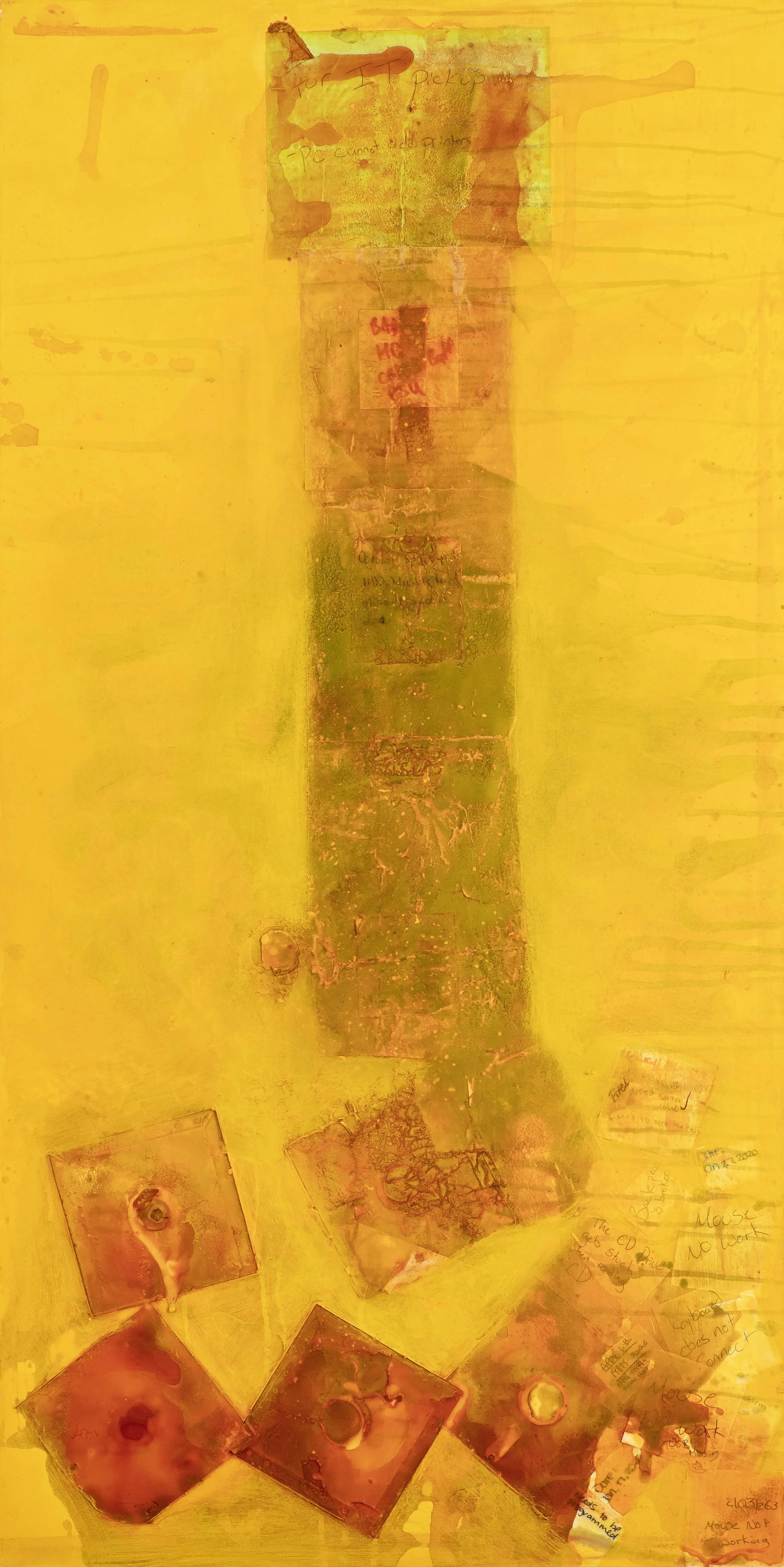 A yellow wall with handwritten notes and papers taped on it. Below, there are several rusty metal objects and some scattered papers with handwritten text.