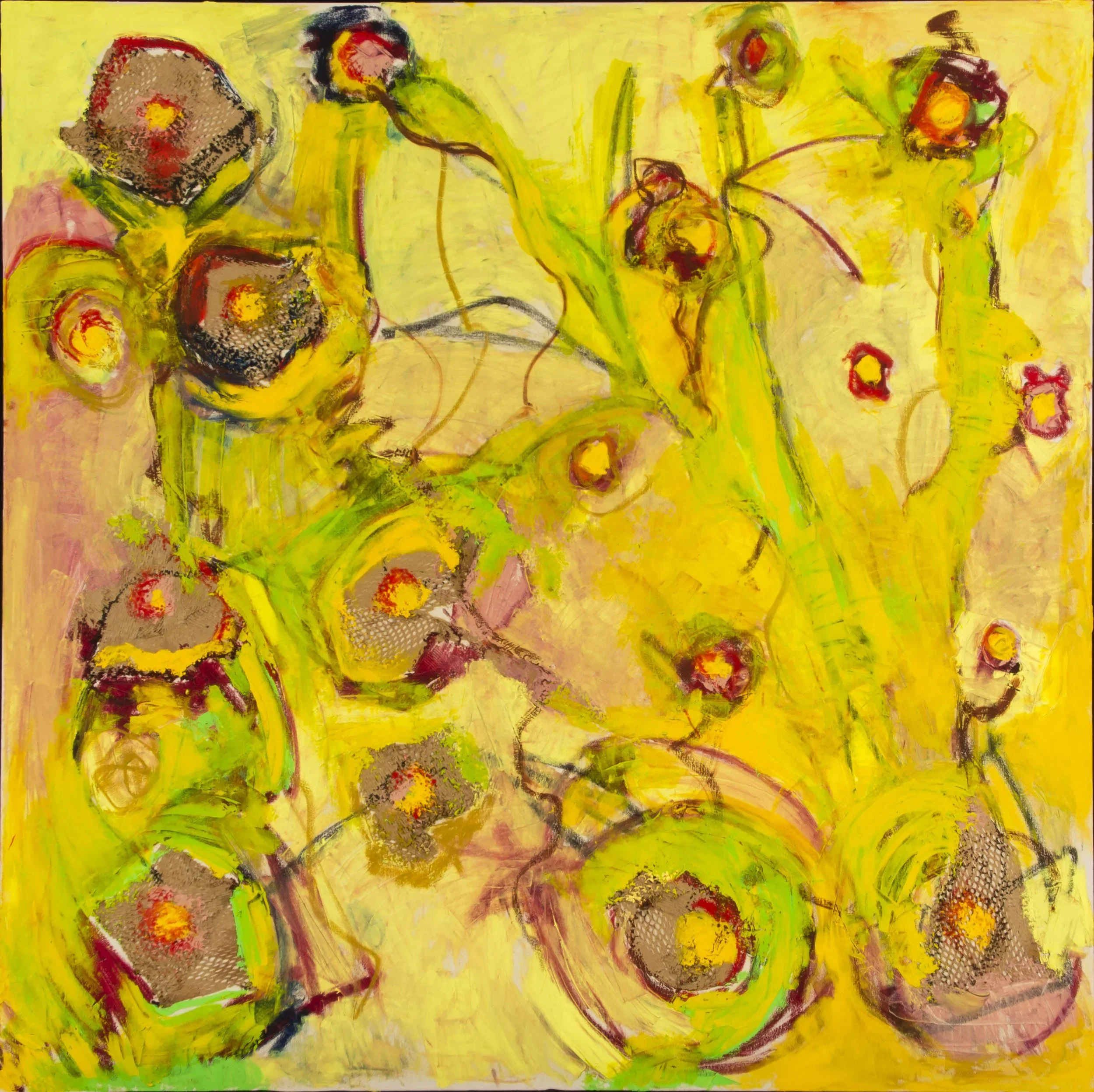 God Lives Underwater #1, abstract painting by Anthony Scarzafava with pale green, yellow, and circular organic forms, 2010