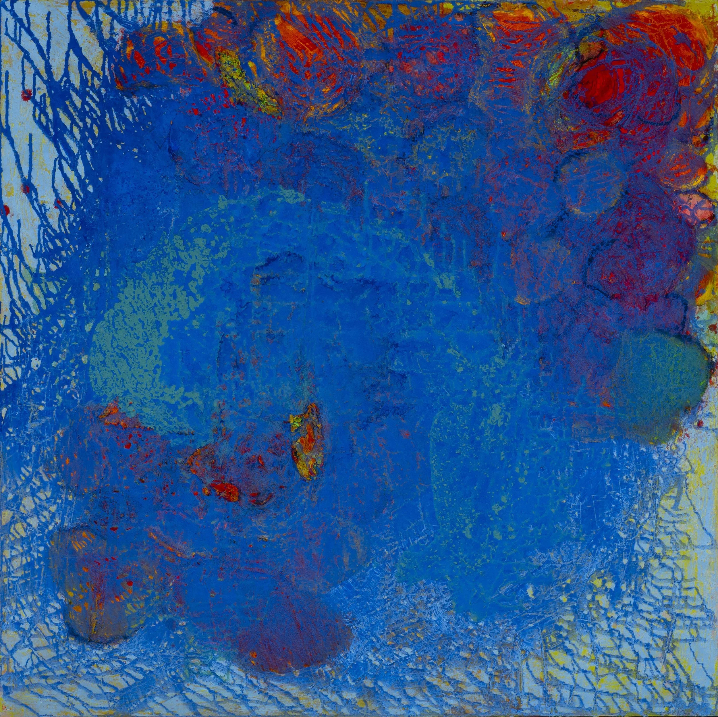 God Lives Underwater #6, abstract painting by Anthony Scarzafava with layered blue, red, and organic forms, 2010