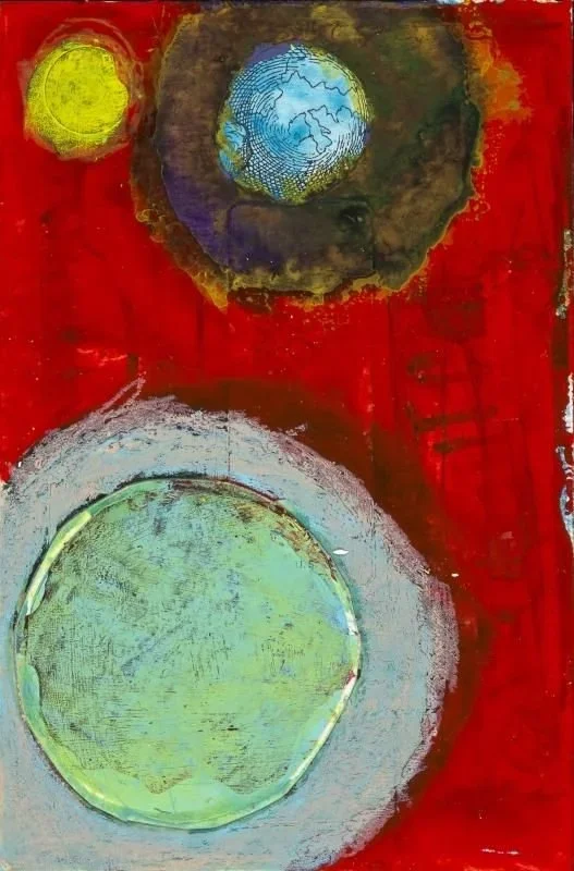Postcards From Titan #4, speculative abstract painting by Anthony Scarzafava with red, blue, and circular planetary forms