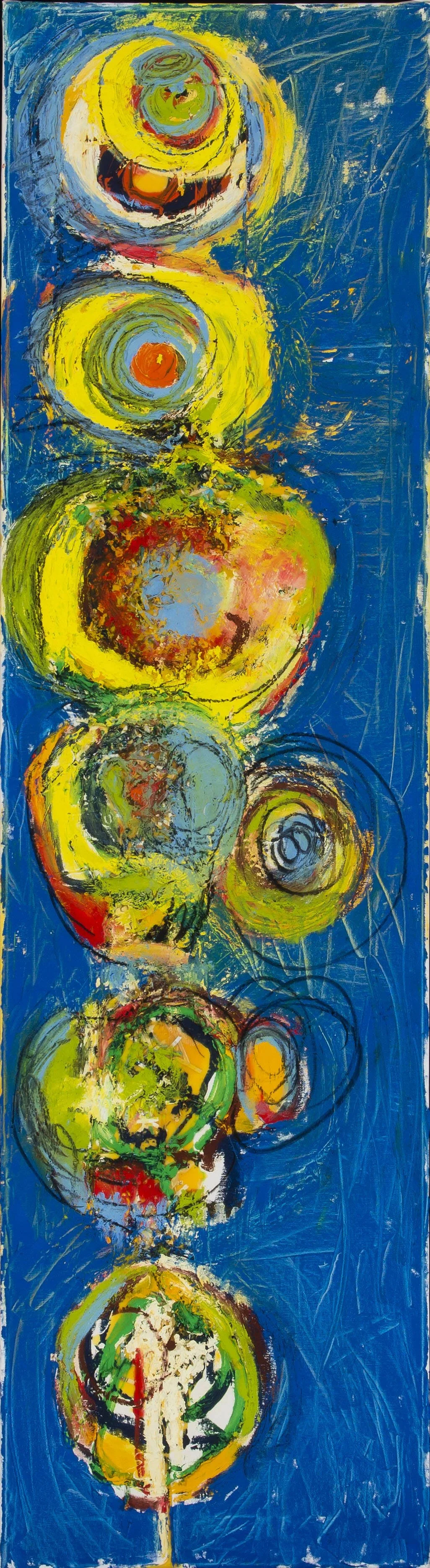 Totem #11, tall-format abstract painting by Anthony Scarzafava with stacked circular forms in blue, yellow, and red, 2017