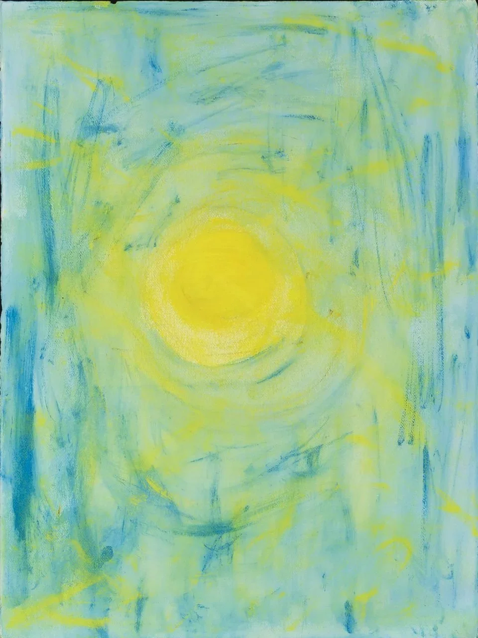 100 Suns #1, abstract painting by Anthony Scarzafava with a luminous yellow center surrounded by blue and green, 2013