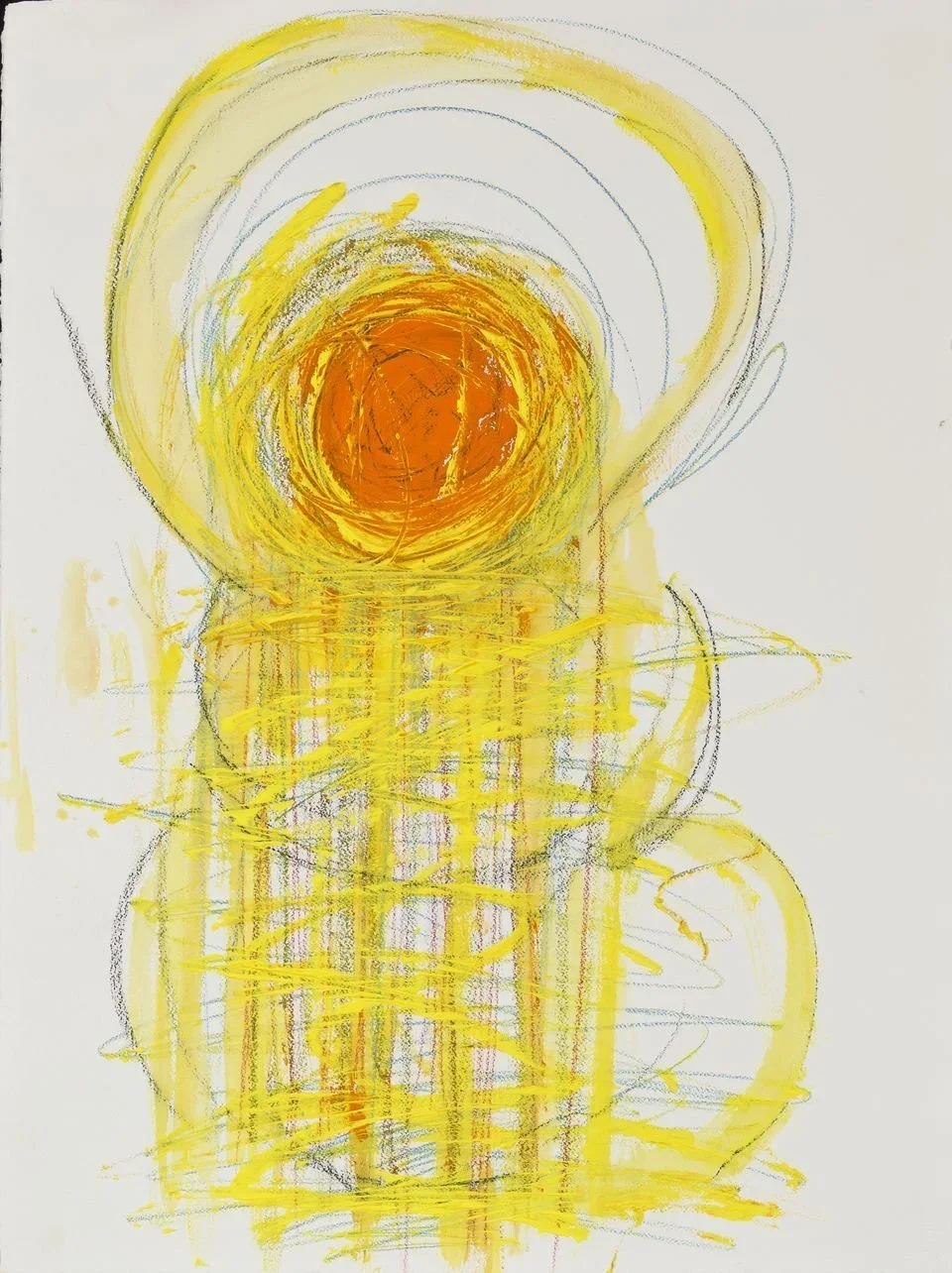 100 Suns #2, abstract painting by Anthony Scarzafava with concentric yellow and orange circles and layered linear forms, 2013