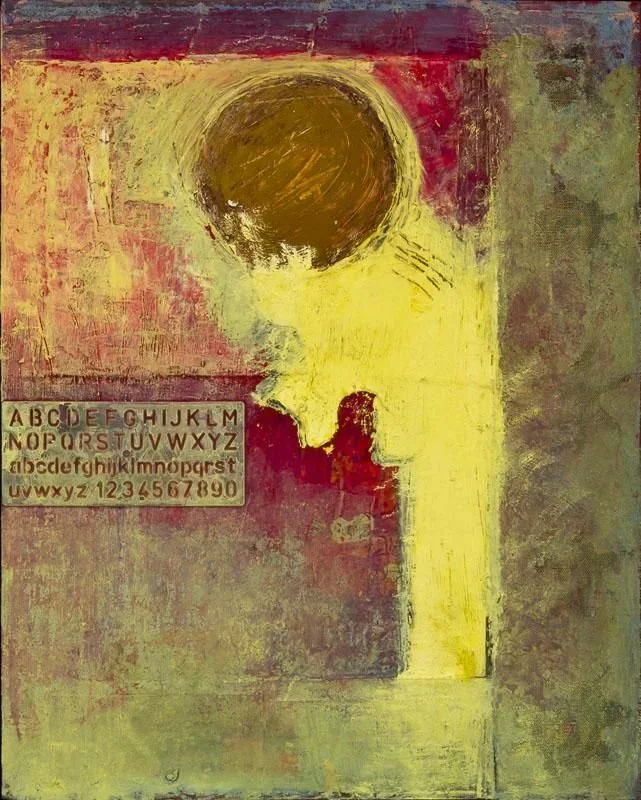 Before and After Science #6, abstract mixed-media painting by Anthony Scarzafava with a dark circular form, pale green field, and collaged text, 2012