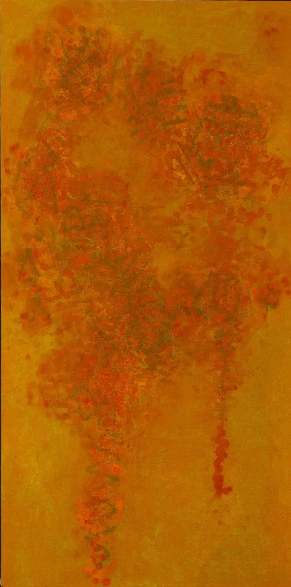 All My Ghosts #2, atmospheric abstract painting by Anthony Scarzafava with rust-orange color, veiled texture, and descending forms
