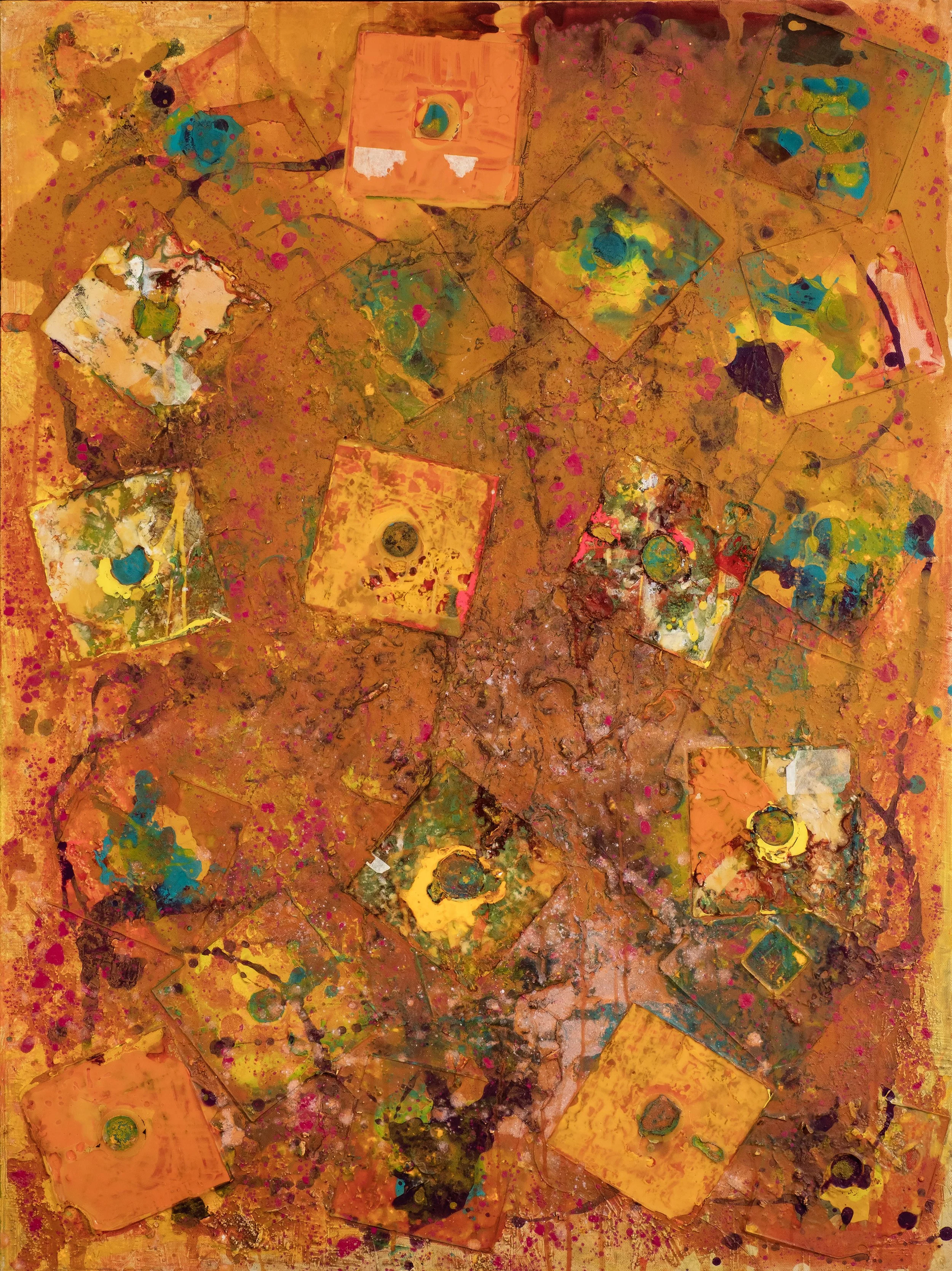 Abstract colorful painting with an orange background featuring various overlapping rectangular shapes with bright colors and splashes of paint.
