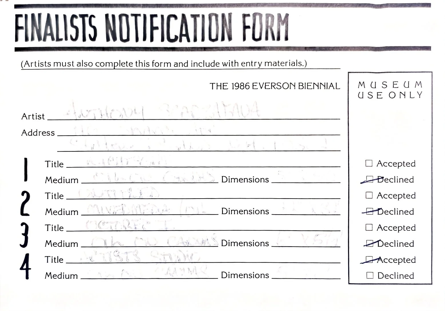 Finalists notification form for the 1986 Everson Biennial.