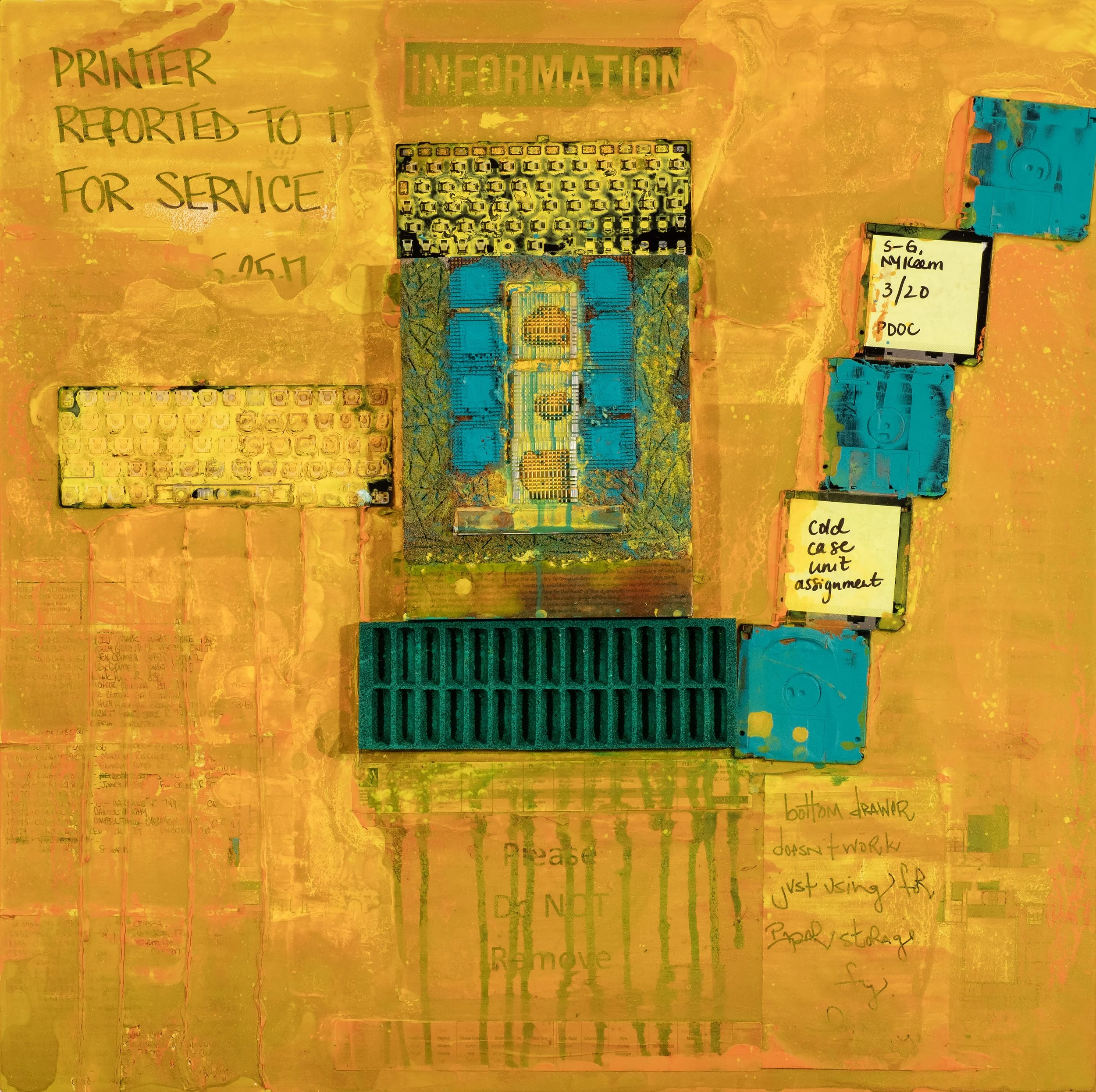 A highly edited and abstracted image showing computer components, including a circuit board, a graphic card, and a small screen with handwritten notes. The background is a bright yellow and orange color.