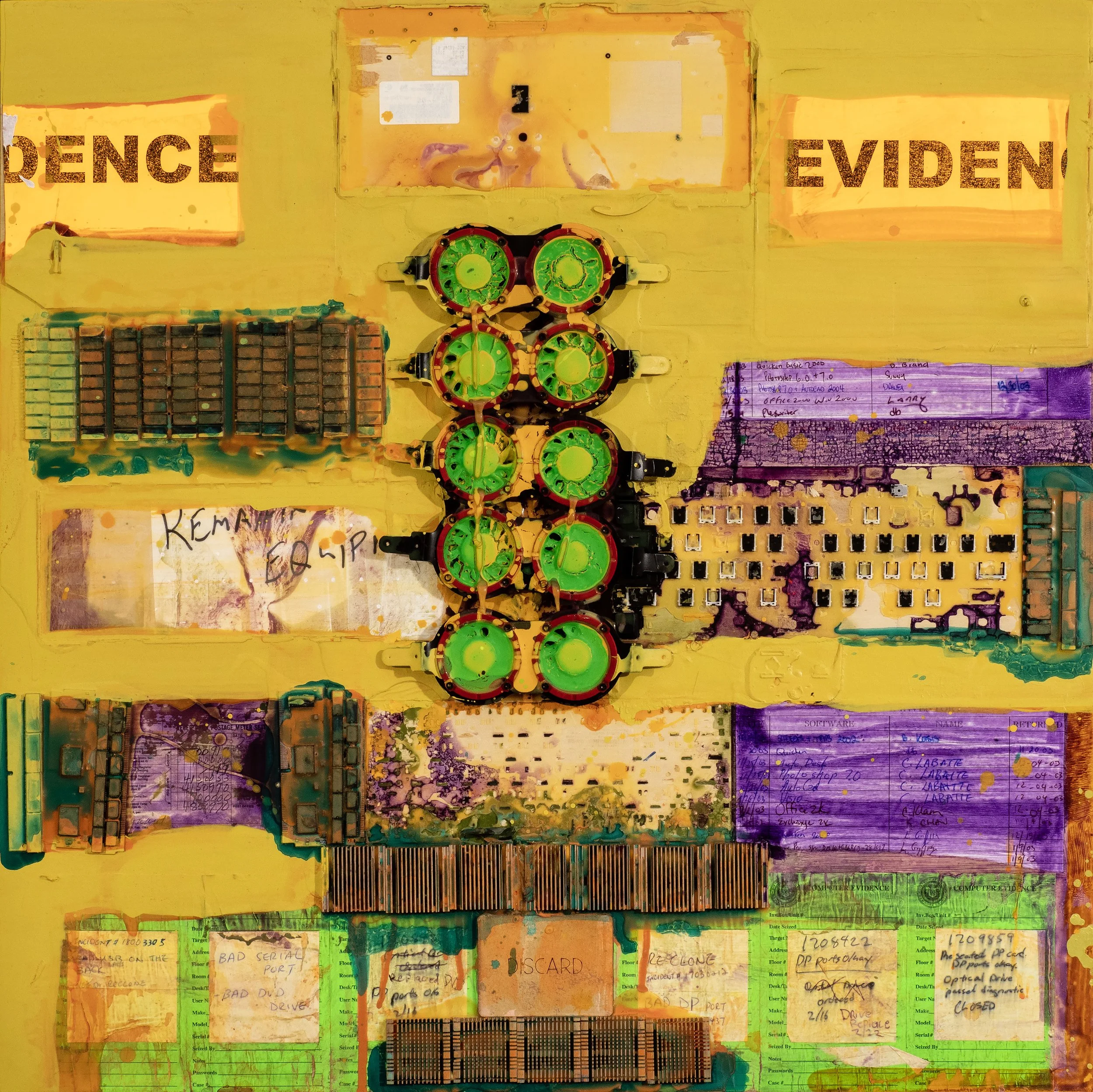 A colorful, abstract image of various electronics components and handwritten notes on paper, with yellow as the dominant background color.