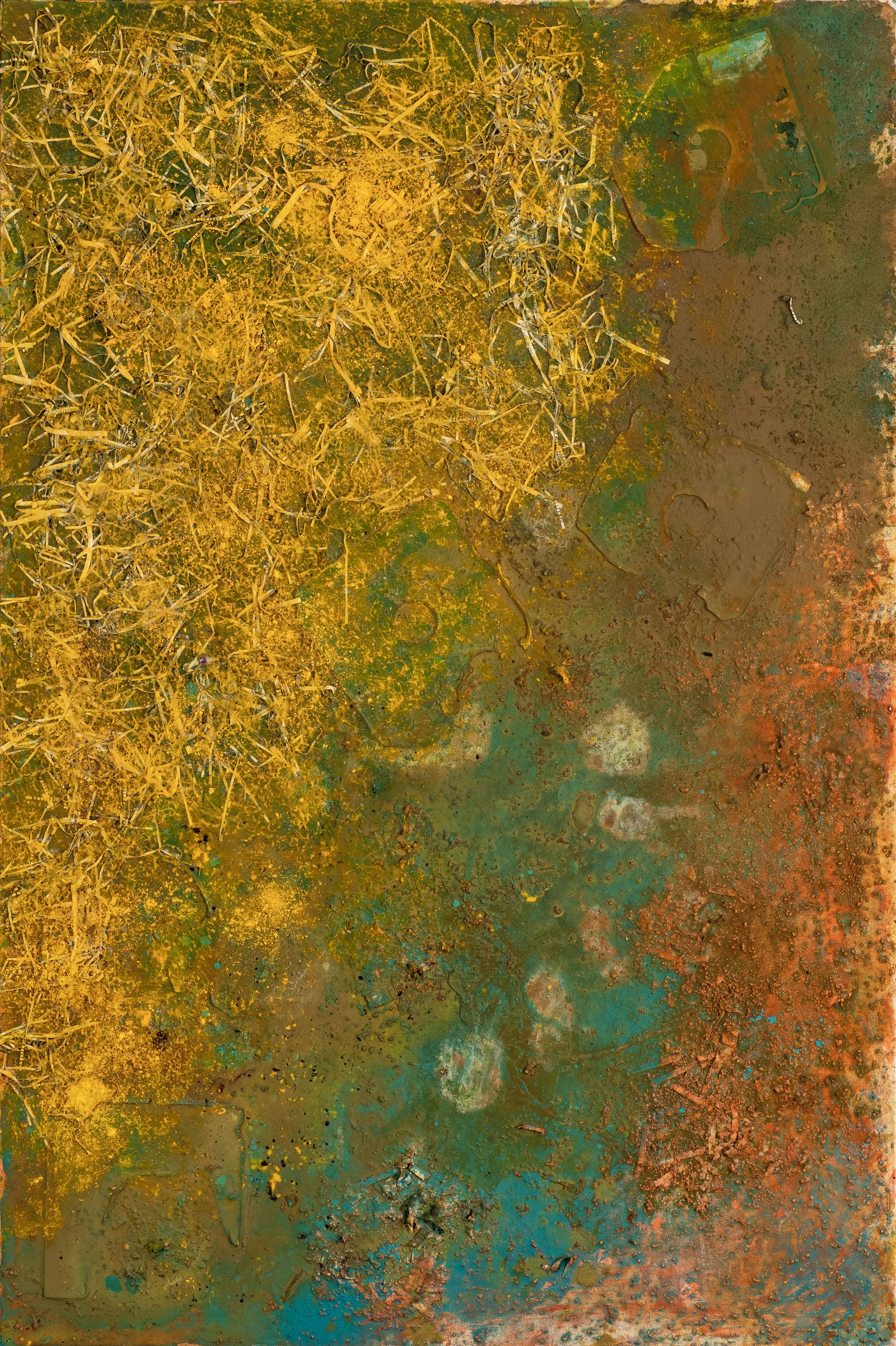 Abstract painting featuring vibrant yellow, green, blue, and rust-colored splatters and textures.