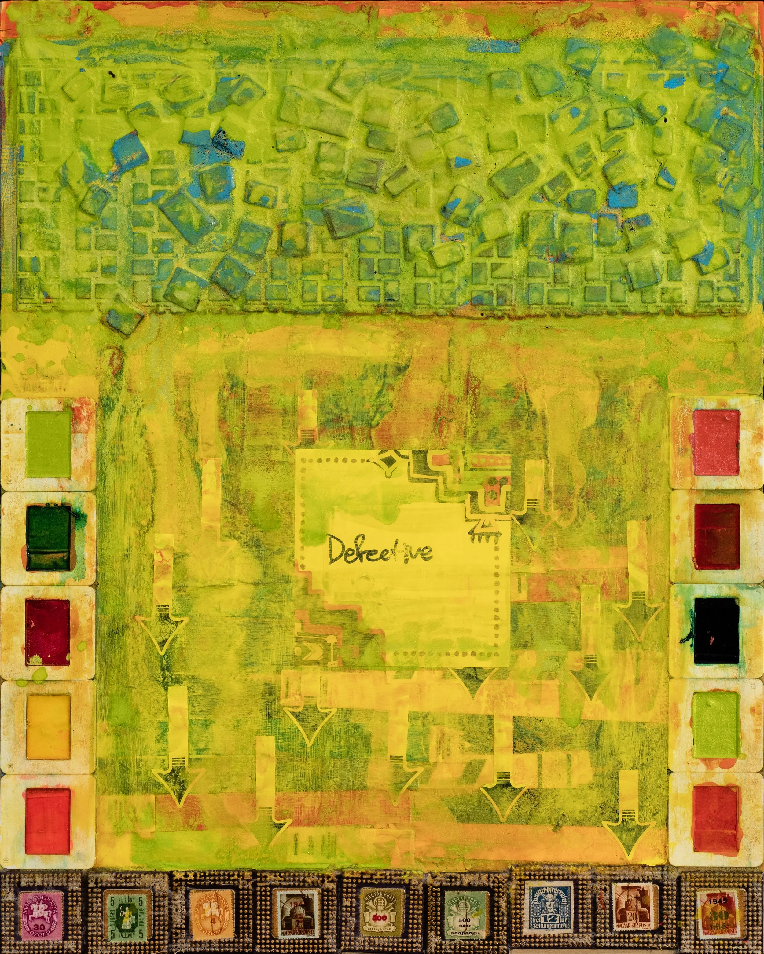 A colorful, abstract painting featuring a grid of squares and rectangles in bright colors, with a yellow note in the center that says 'Defective' and various stamps at the bottom.