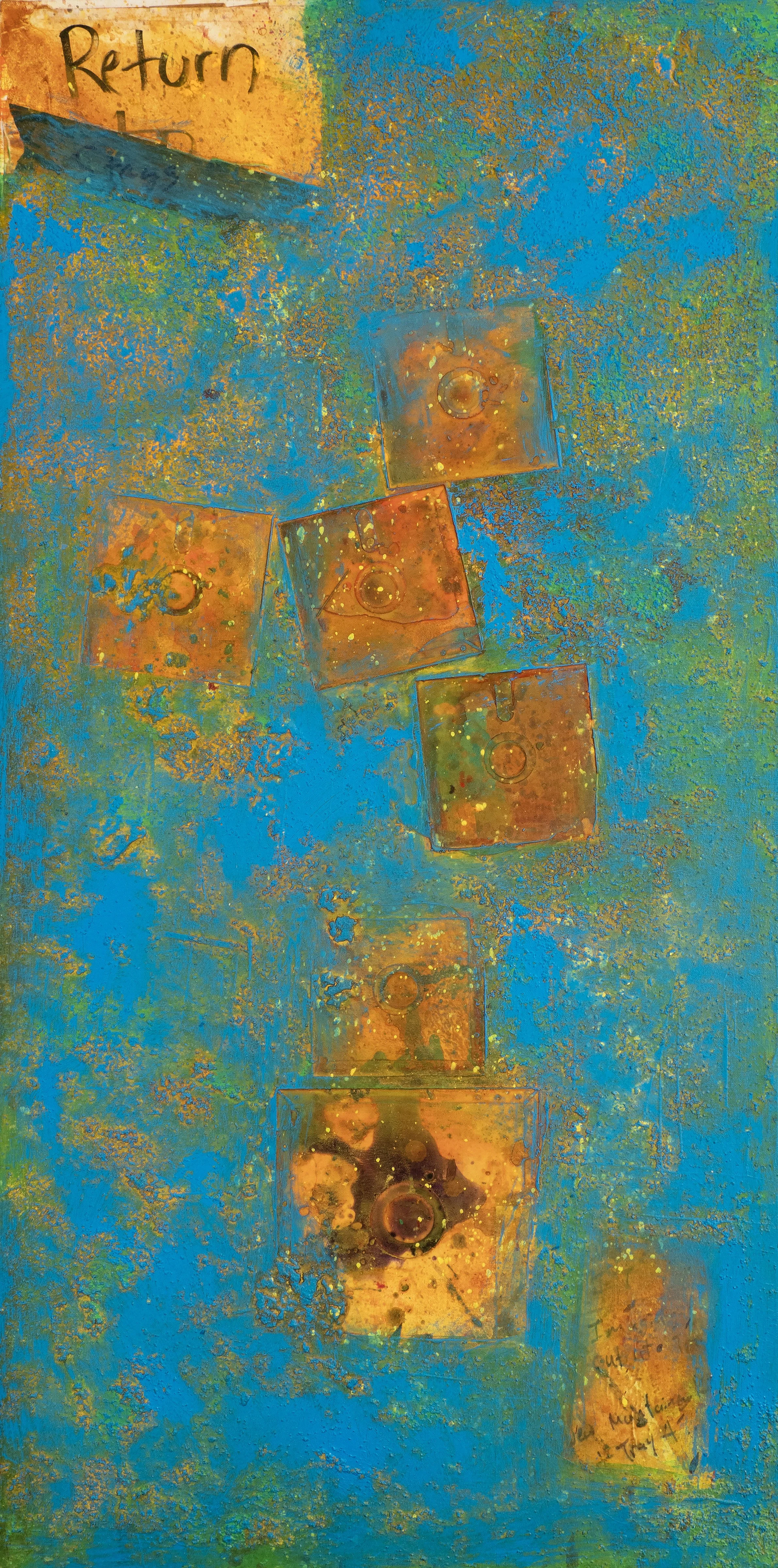 An abstract painting with blue, orange, and yellow tones, featuring five square shapes with circular patterns inside and a handwritten note in the top left corner that says "Return".