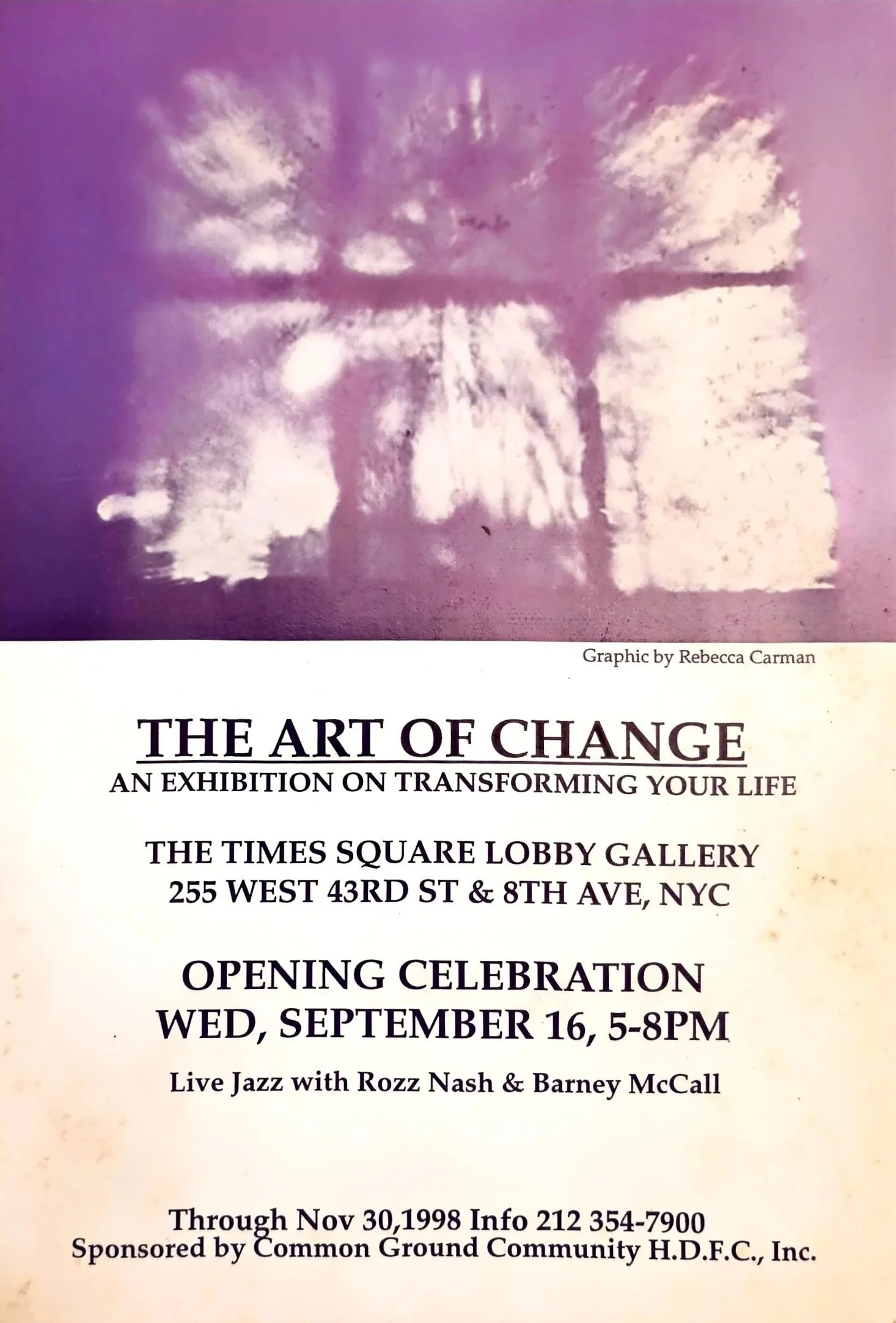 Announcement for The Art of Change at The Times Square Lobby Gallery, September 16–November 30, 1998, featuring Anthony Scarzafava.