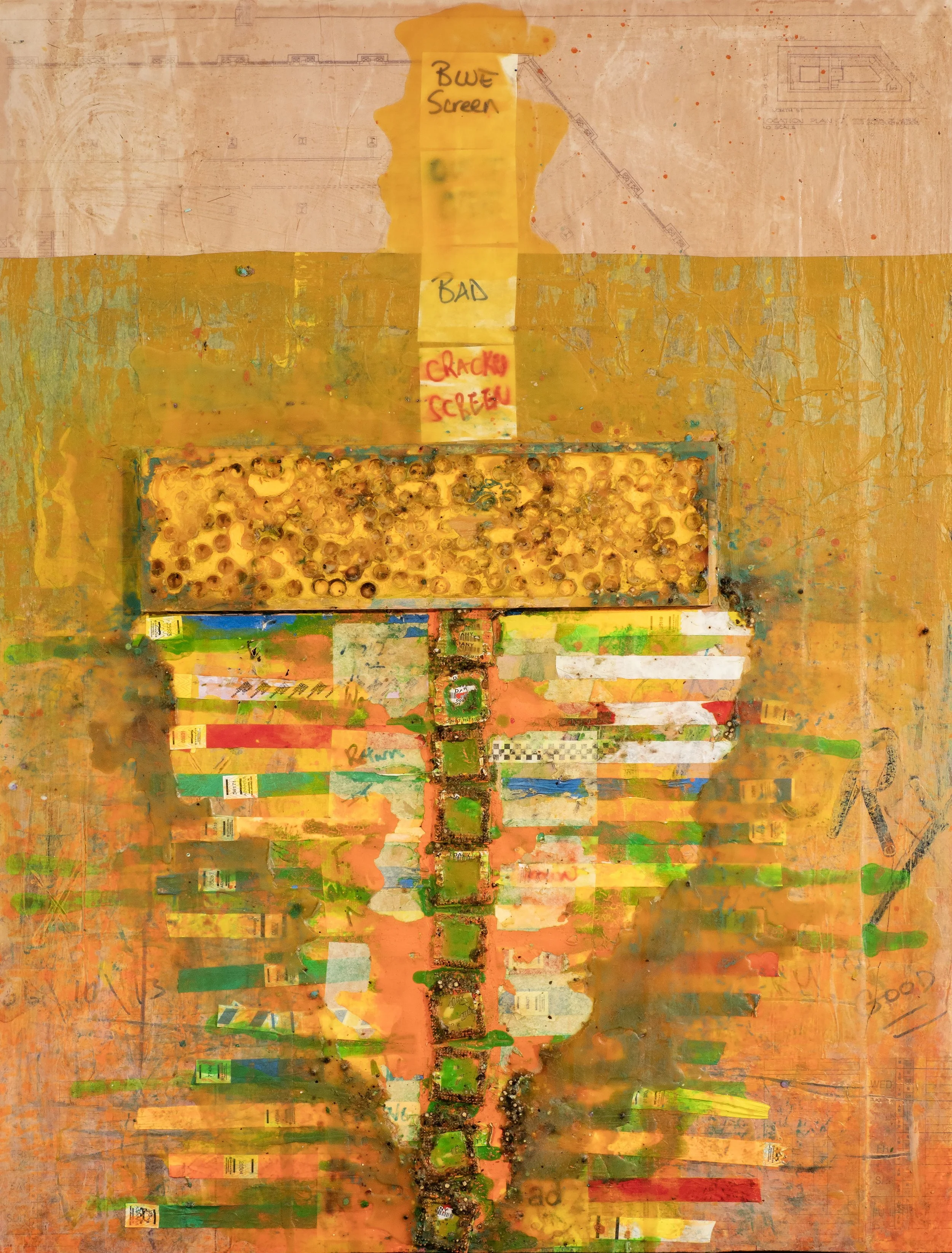 Mixed media artwork featuring a vertical strip with humorous labels from top to bottom: 'BLUE SCREEN', 'BAD', 'CRACKS SCREEN' in the center, with a collage of various colors, textures, and images surrounding the strip, creating an abstract compositio