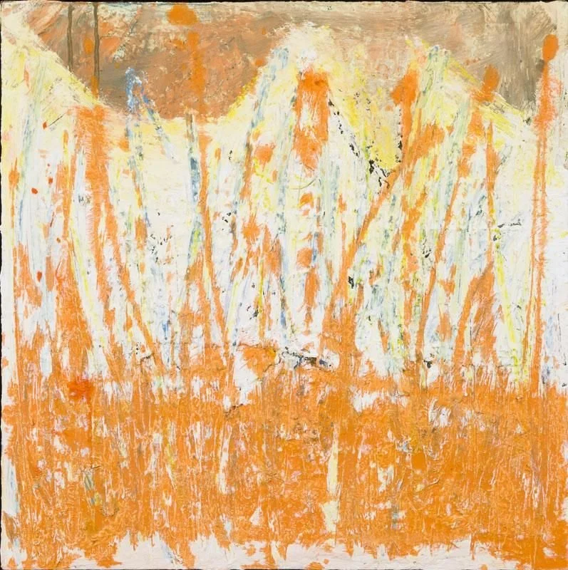 Abstract painting with orange, white, yellow, and black brushstrokes.