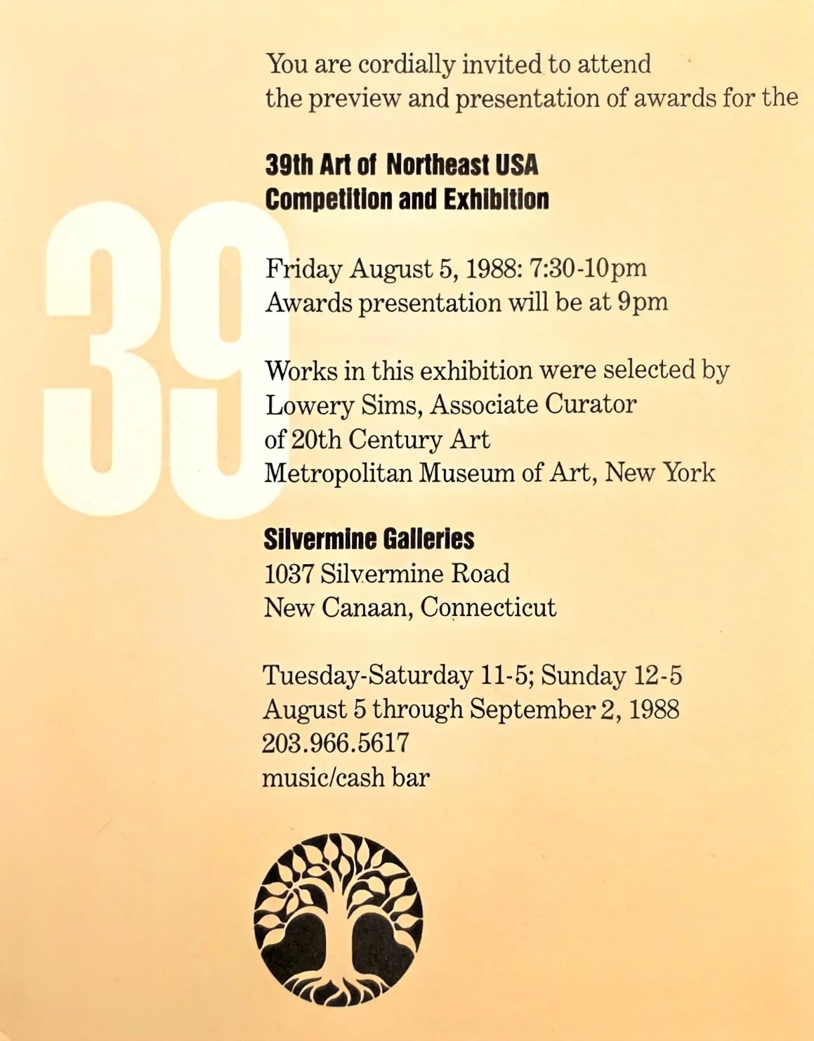 Information card for the 39th Art of Northeast USA Competition and Exhibition at Silvermine Galleries, August 5, 1988.